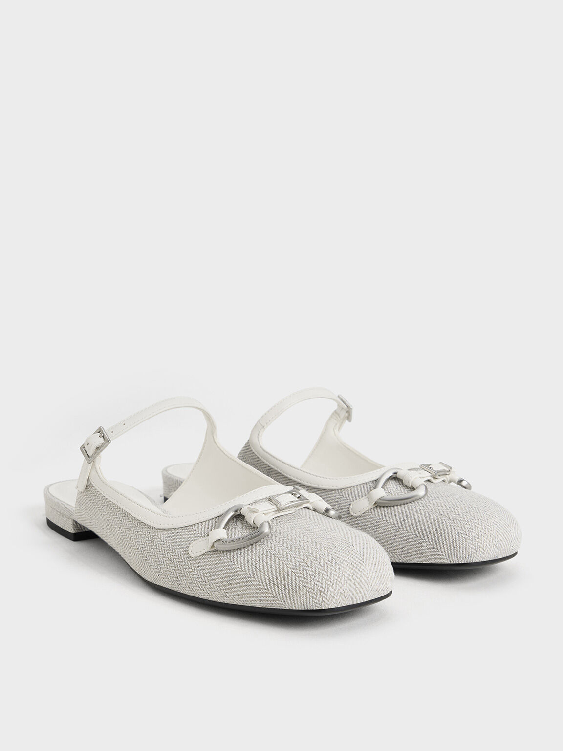 Woven Fabric Metallic-Accent Flat Mules, Light Grey, hi-res