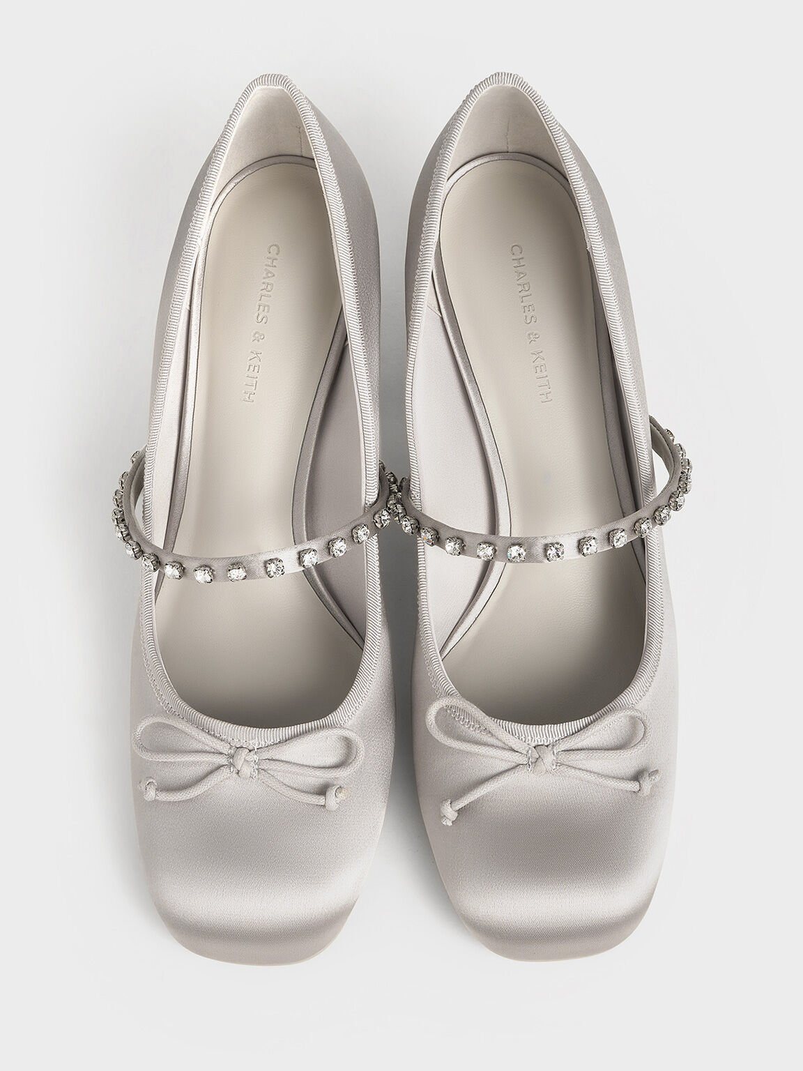 Satin Gem-Embellished Bow Mary Jane Pumps, Light Grey, hi-res