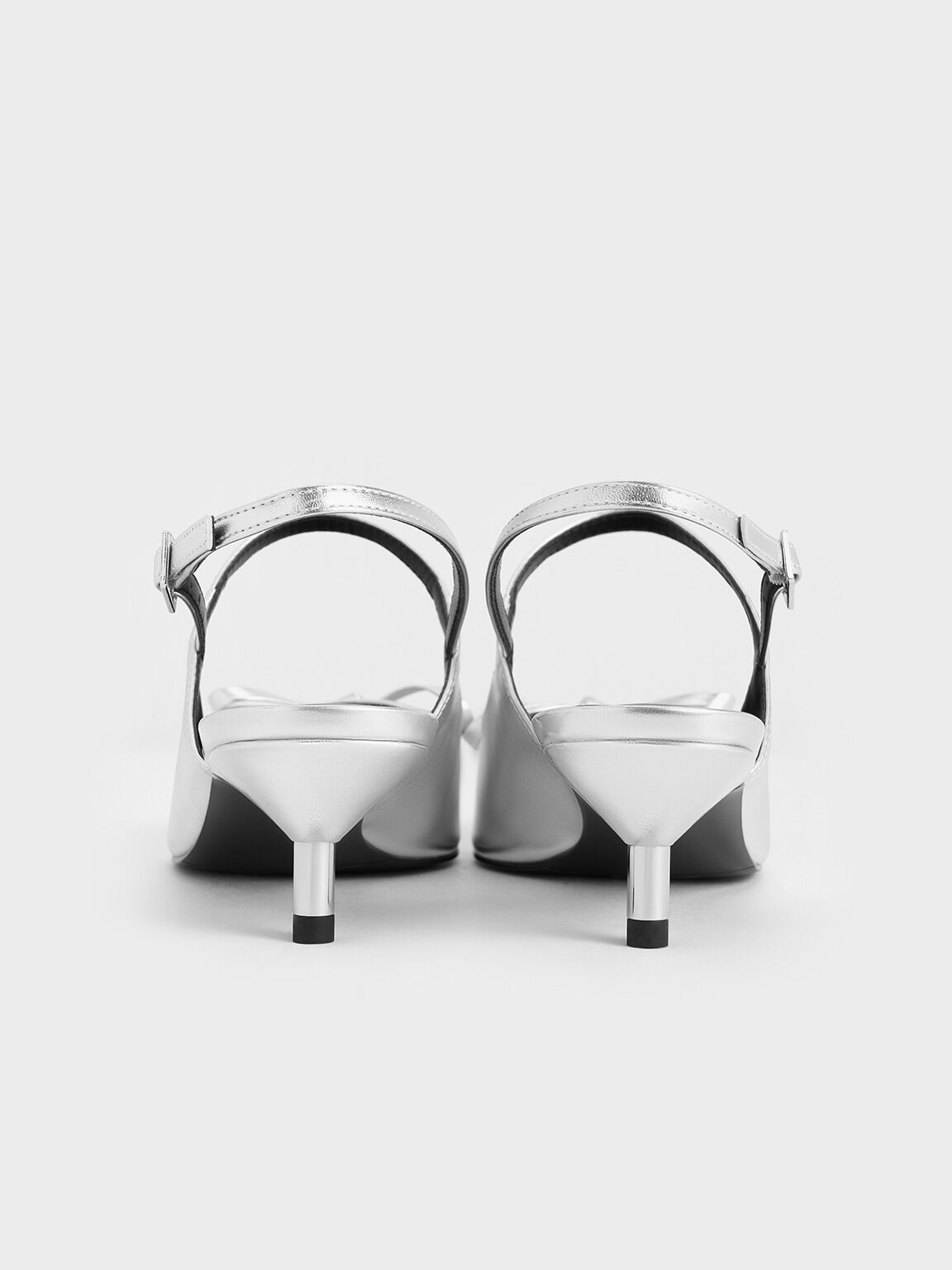 Metallic Bow Cap-Toe Kitten-Heel Slingback Pumps, Silver, hi-res