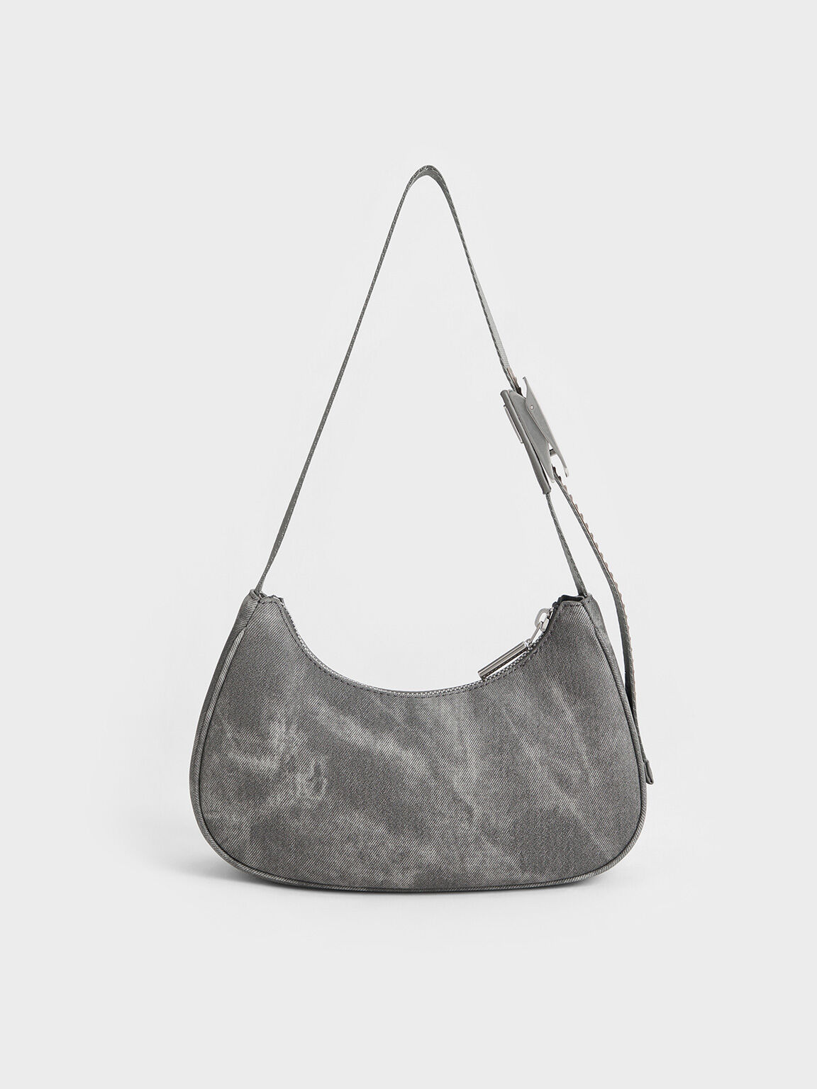 Denim Curved Metallic-Accent Shoulder Bag, Dark Grey, hi-res