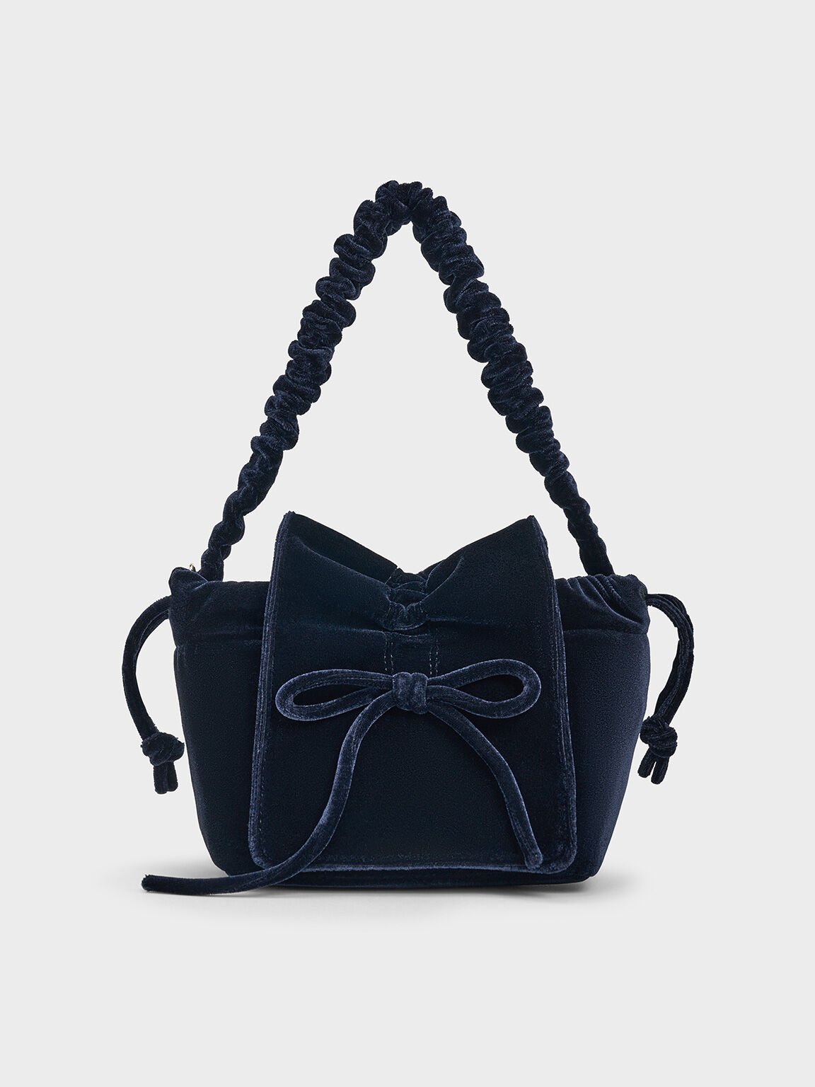 Velvet Bow Ruched Top Handle Bag, Dark Blue, hi-res