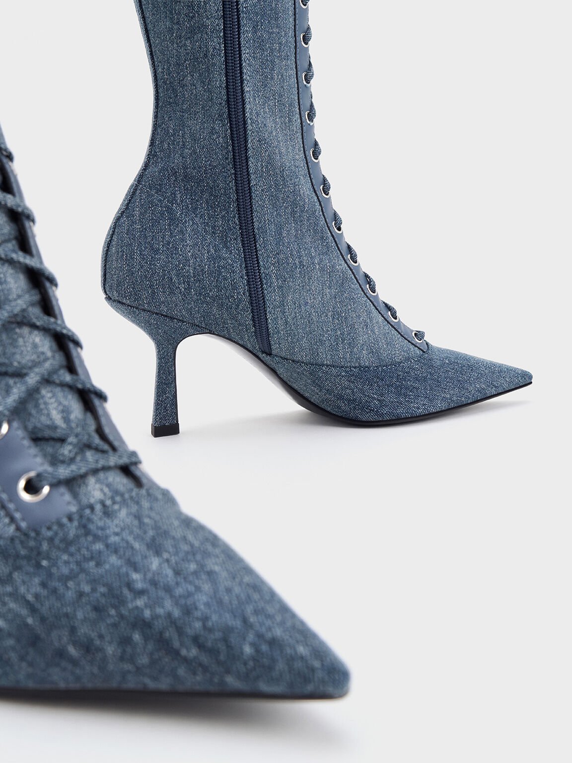 Denim Lace-Up Pointed-Toe Knee-High Boots, Denim Blue, hi-res