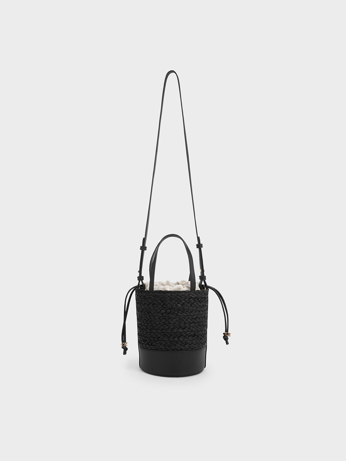 Leather & Raffia Bucket Bag, Black, hi-res