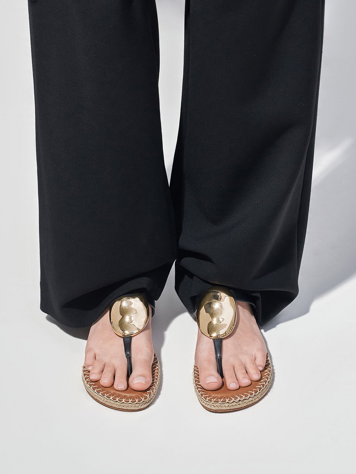 Metallic Oval Espadrille Sandals, Black, hi-res