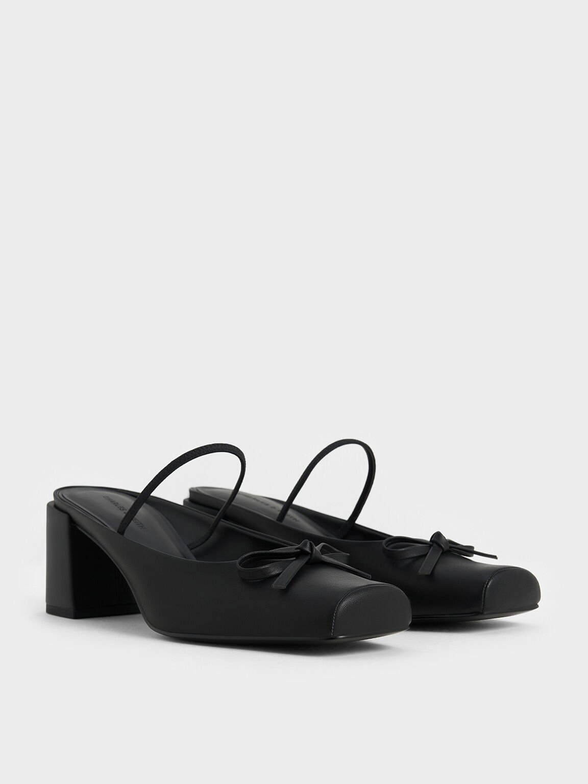 Bow Square-Toe Block-Heel Ballet Mules, Black, hi-res