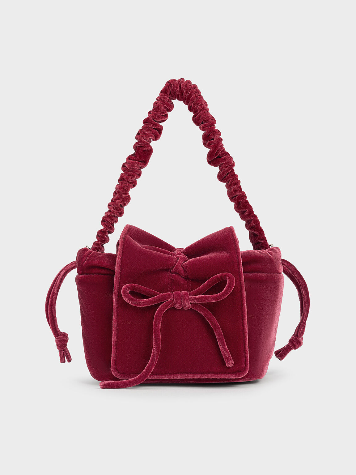 Velvet Bow Ruched Top Handle Bag, Pink, hi-res