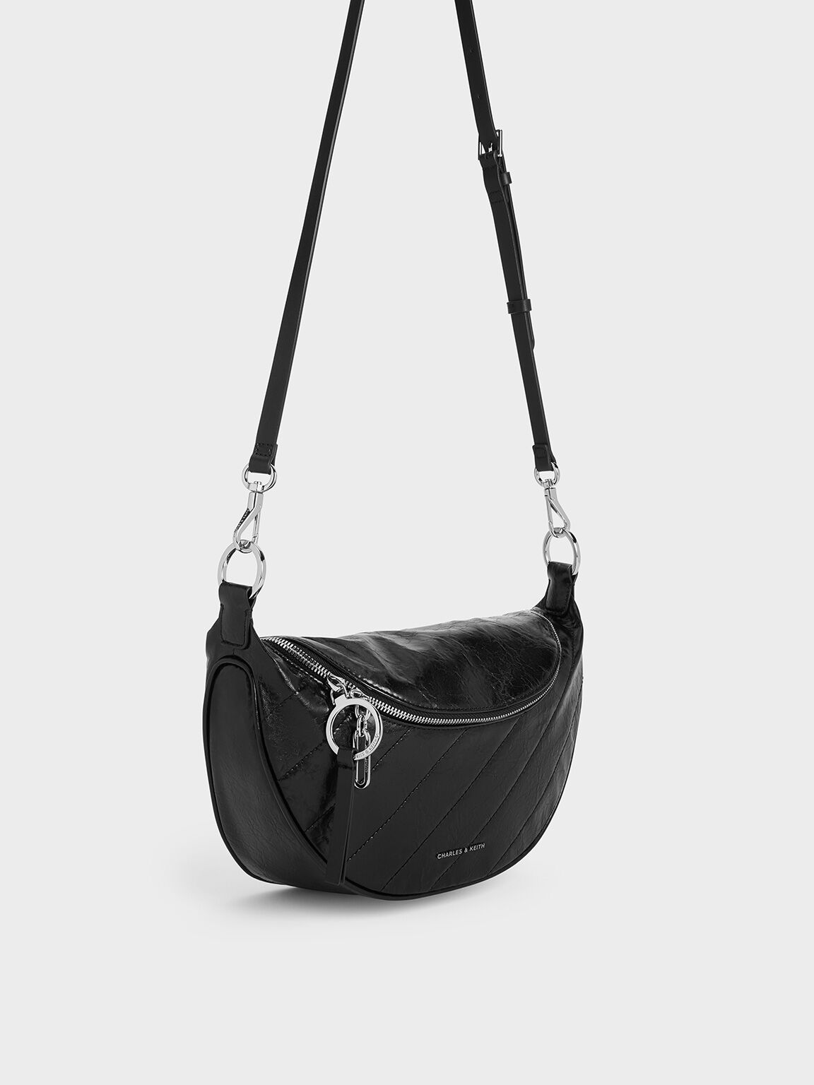 Philomena Crinkle-Effect Half-Moon Crossbody Bag, Noir, hi-res