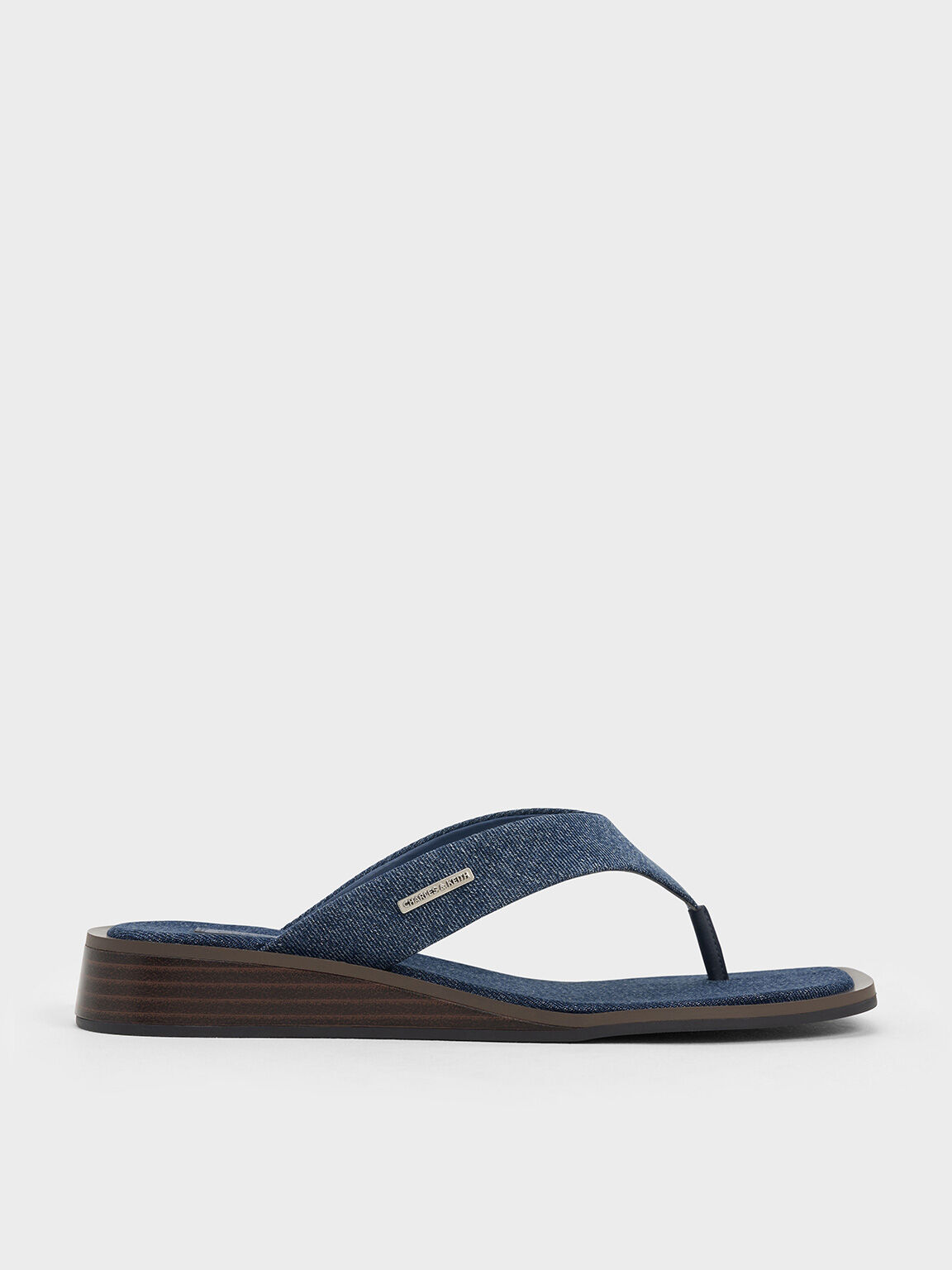 Denim V-Strap Wedge Thong Sandals, Blue, hi-res