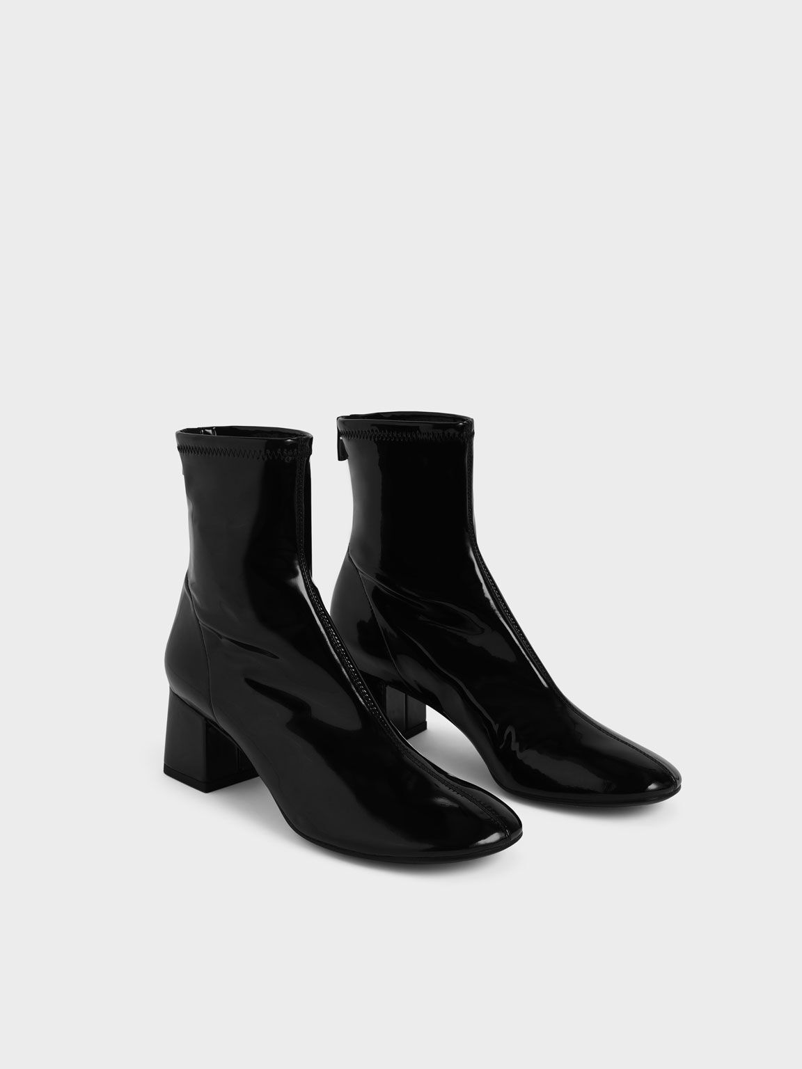 Black Patent Block Heel Ankle Boots - CHARLES & KEITH UK
