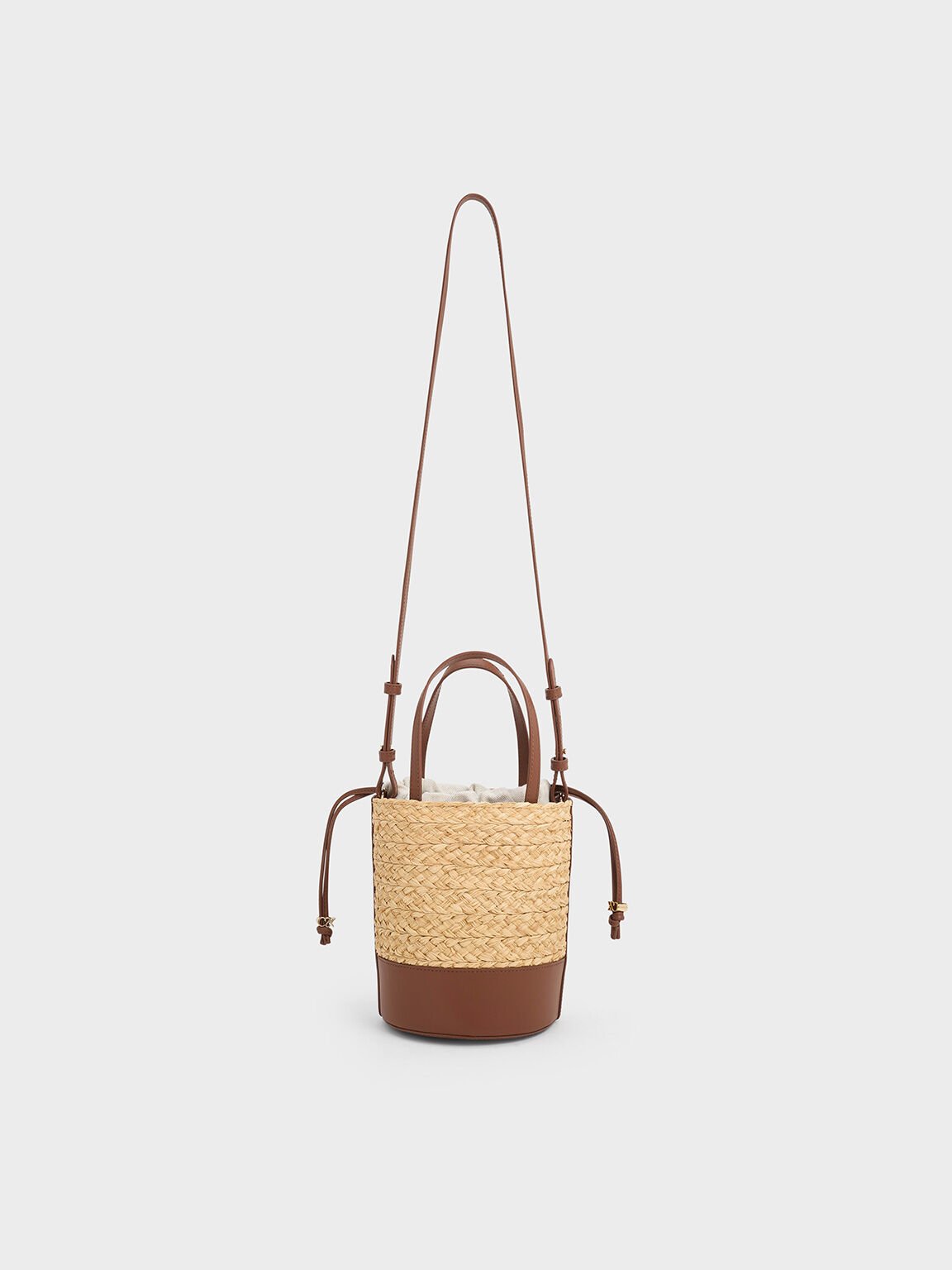 Leather & Raffia Bucket Bag, Brown, hi-res