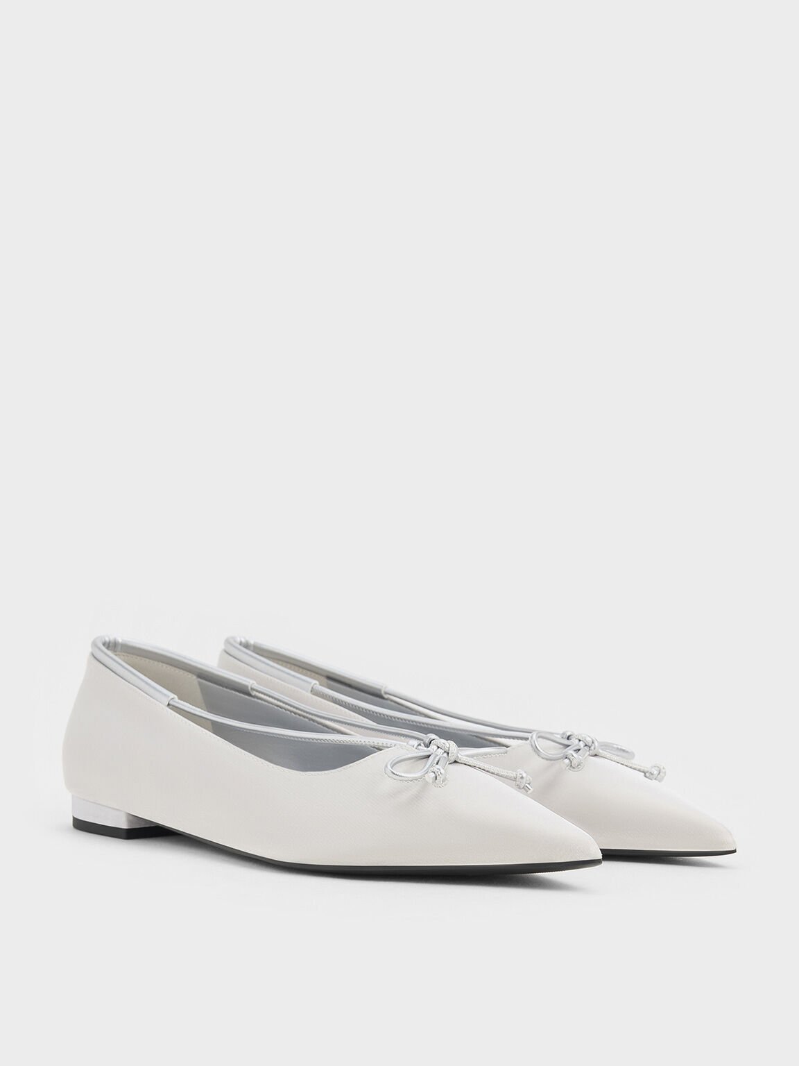 Metallic Bow Pointed-Toe Ballet Flats, Silver, hi-res