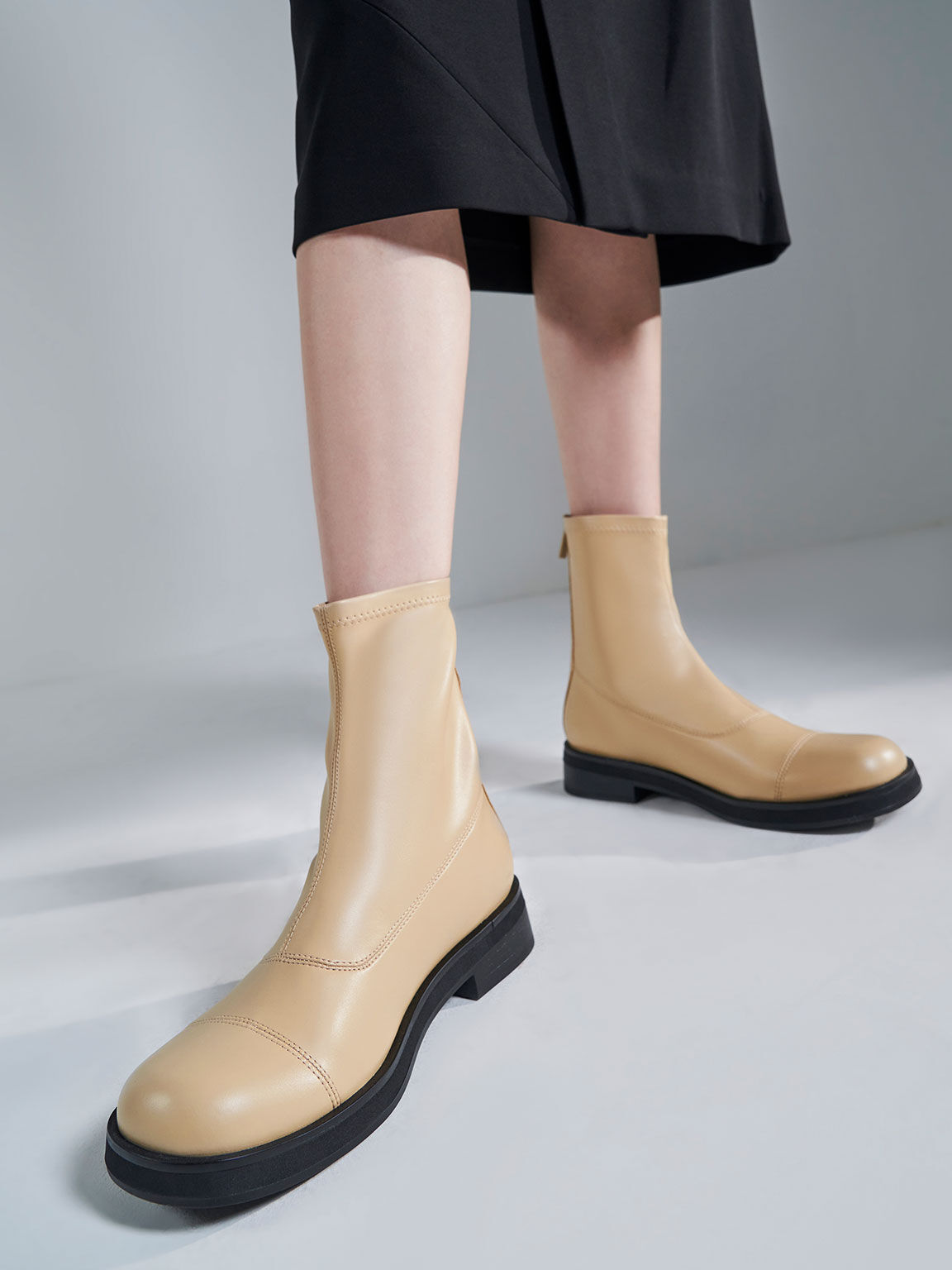 Sand Round Toe Zip-Up Ankle Boots - CHARLES & KEITH UK