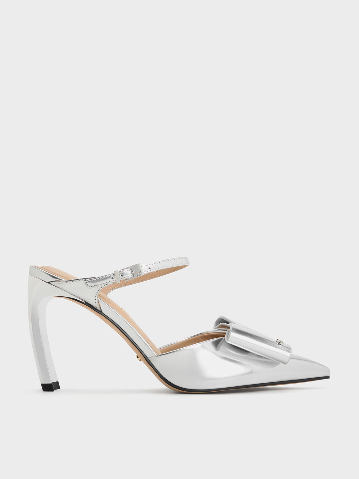 Lu Metallic Leather Bow Blade-Heel Mules, Silver, hi-res