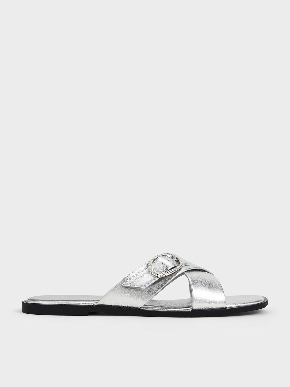 Metallic Crystal-Buckle Crossover-Strap Sandals, Silver, hi-res