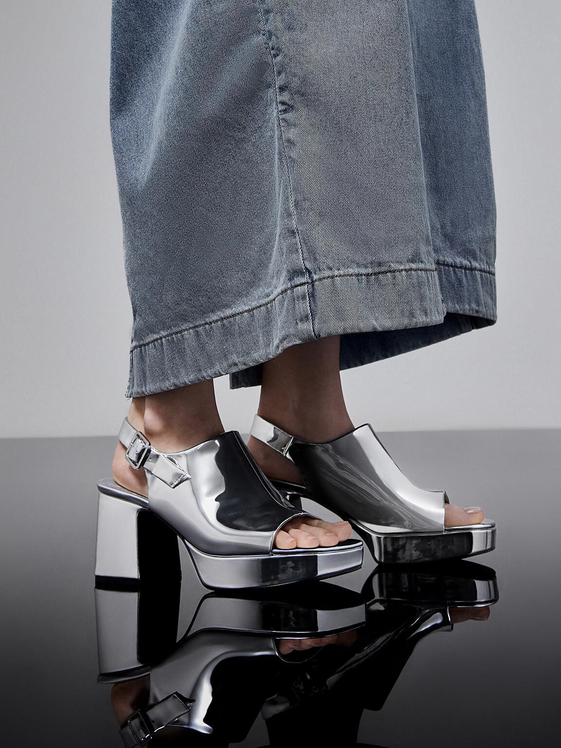 Metallic Peep-Toe Platform Sandals, Silver, hi-res