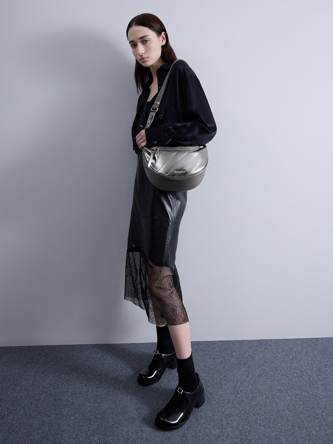 Philomena Metallic Half-Moon Crossbody Bag, Pewter, hi-res