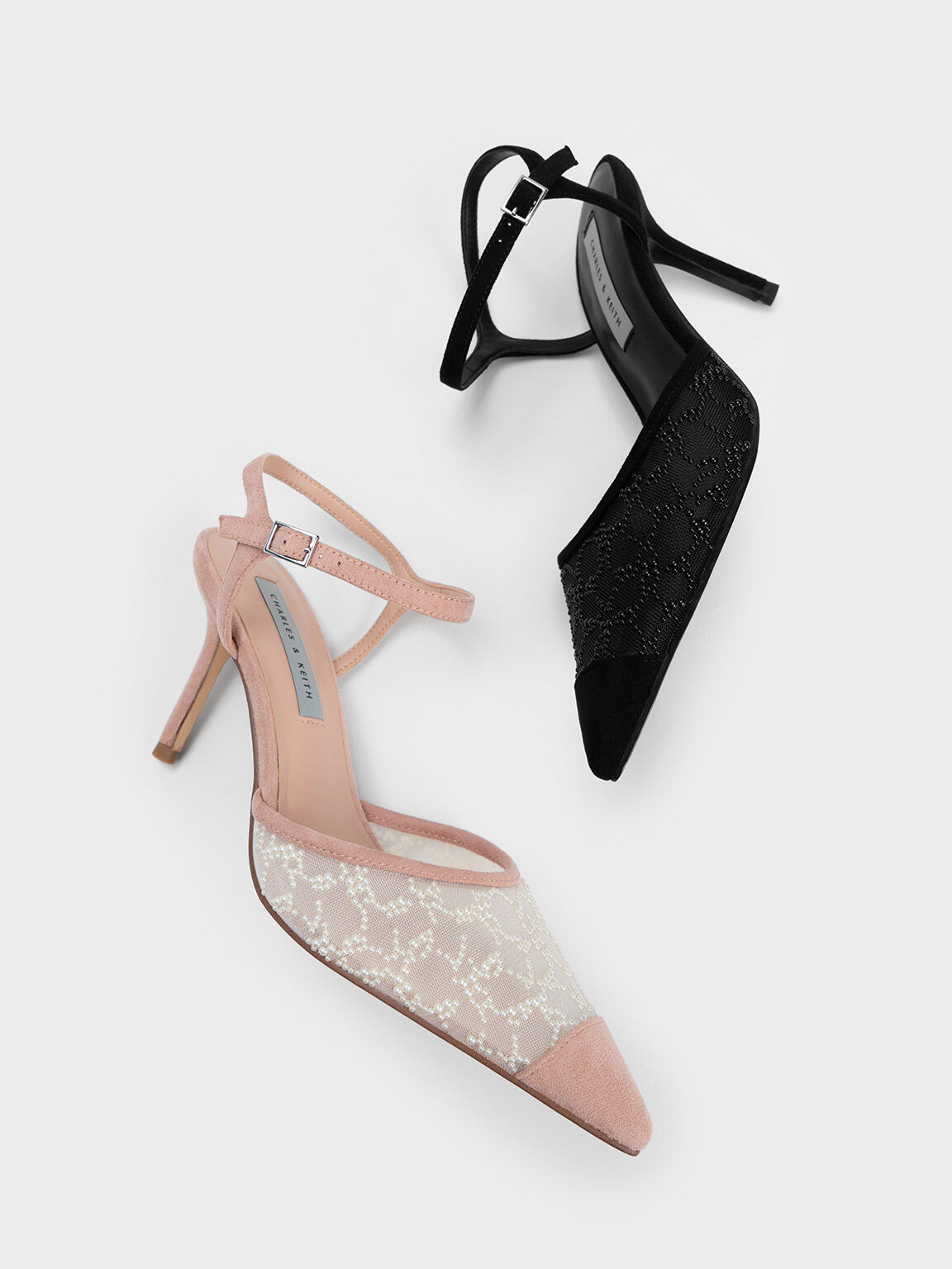 Beaded Mesh Ankle Strap Pumps - Nude