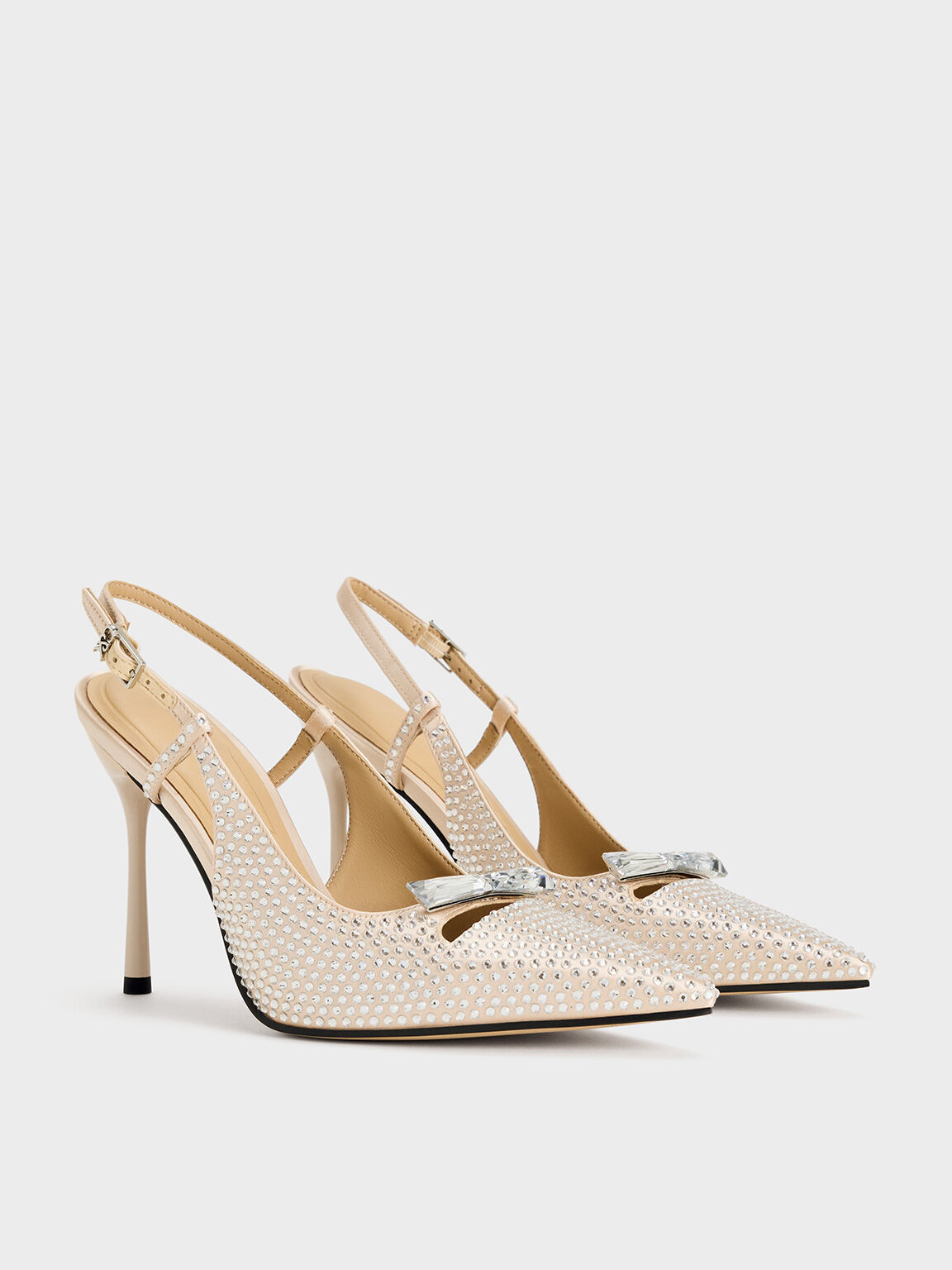 Recycled Polyester Crystal-Embellished Bow Slingback Pumps, Sand, hi-res