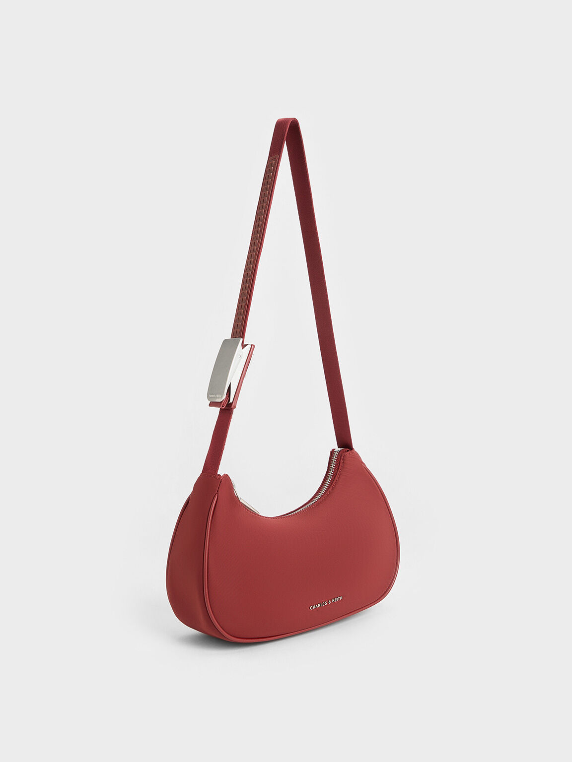 Nylon Curved Metallic-Accent Shoulder Bag, Red, hi-res