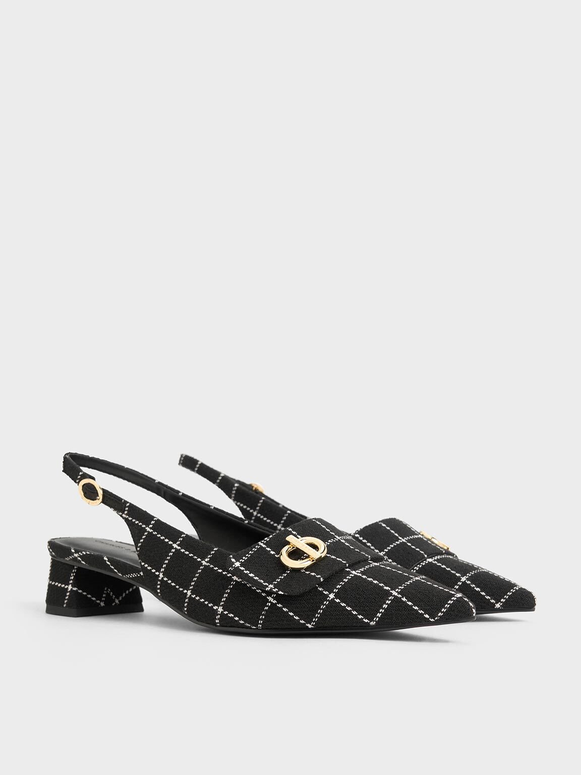 Tweed Metallic-Accent Pointed-Toe Slingback Pumps, Black Textured, hi-res