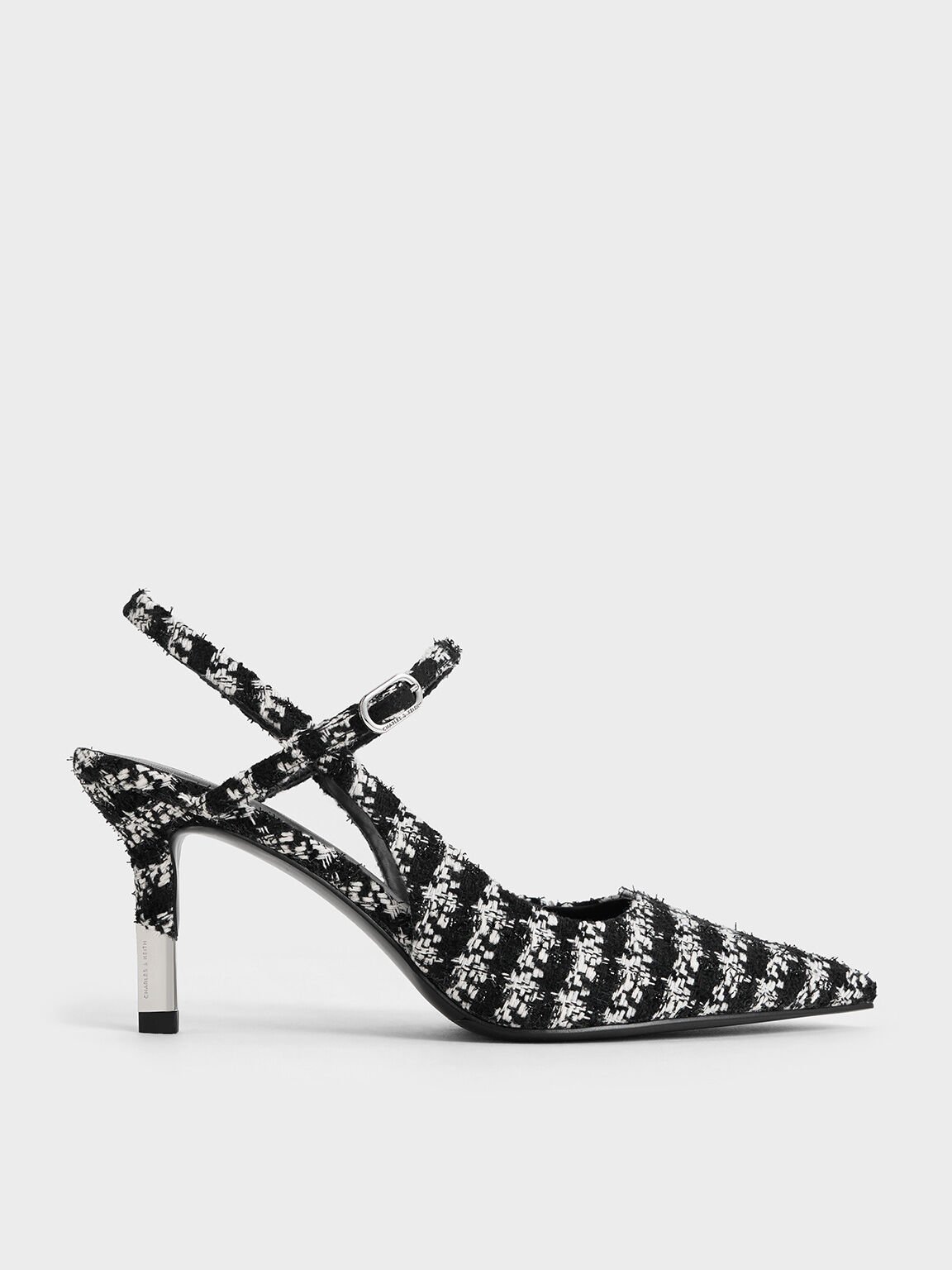 Tweed Two-Tone Heel Slingback Pumps, Black Textured, hi-res