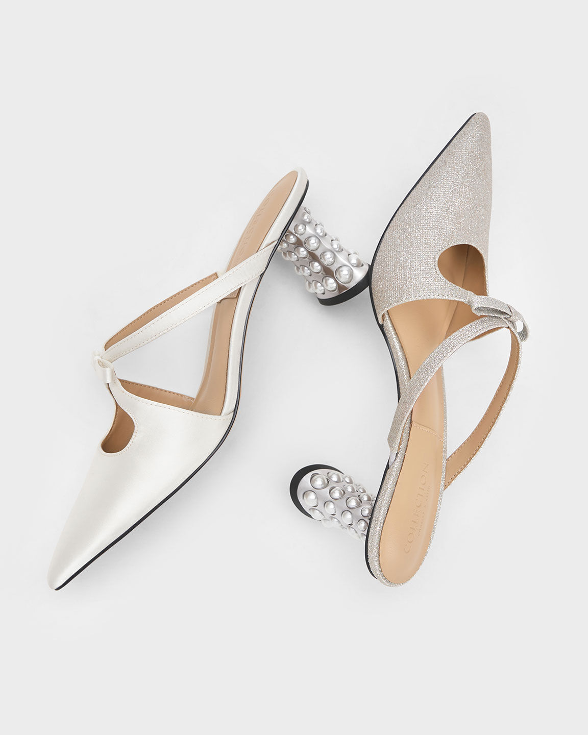 Silver Jacinda Beaded Heel Glittered Bow Mules - CHARLES & KEITH UK