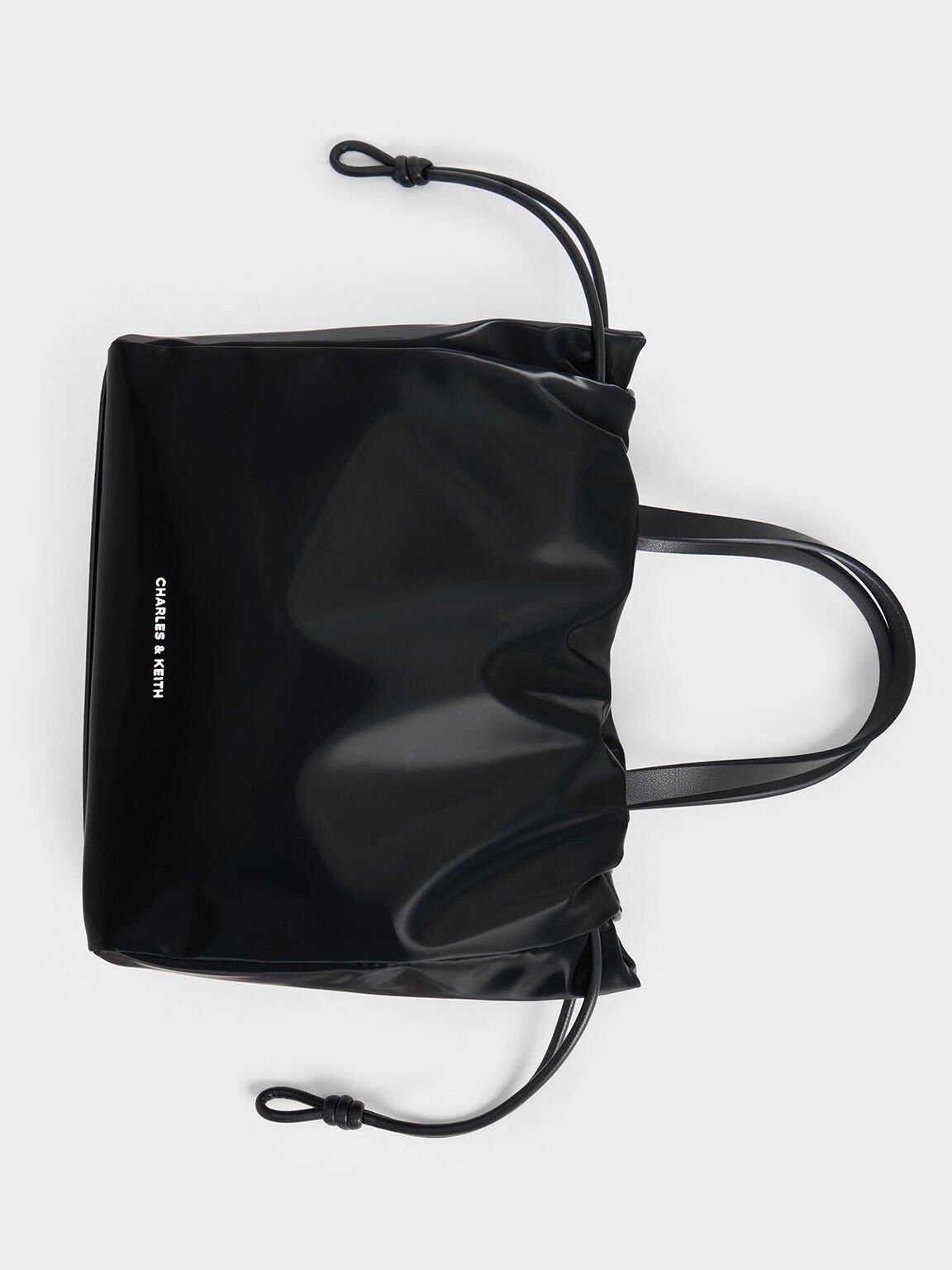 Mini Bethel Shiny Ruched Drawstring Tote Bag, Jet Black, hi-res