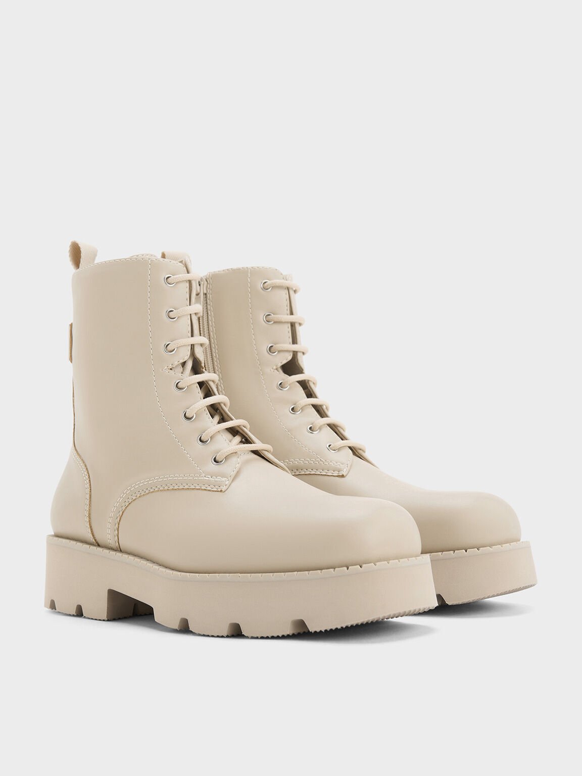 Ridged-Sole Lace-Up Combat Boots, Beige, hi-res