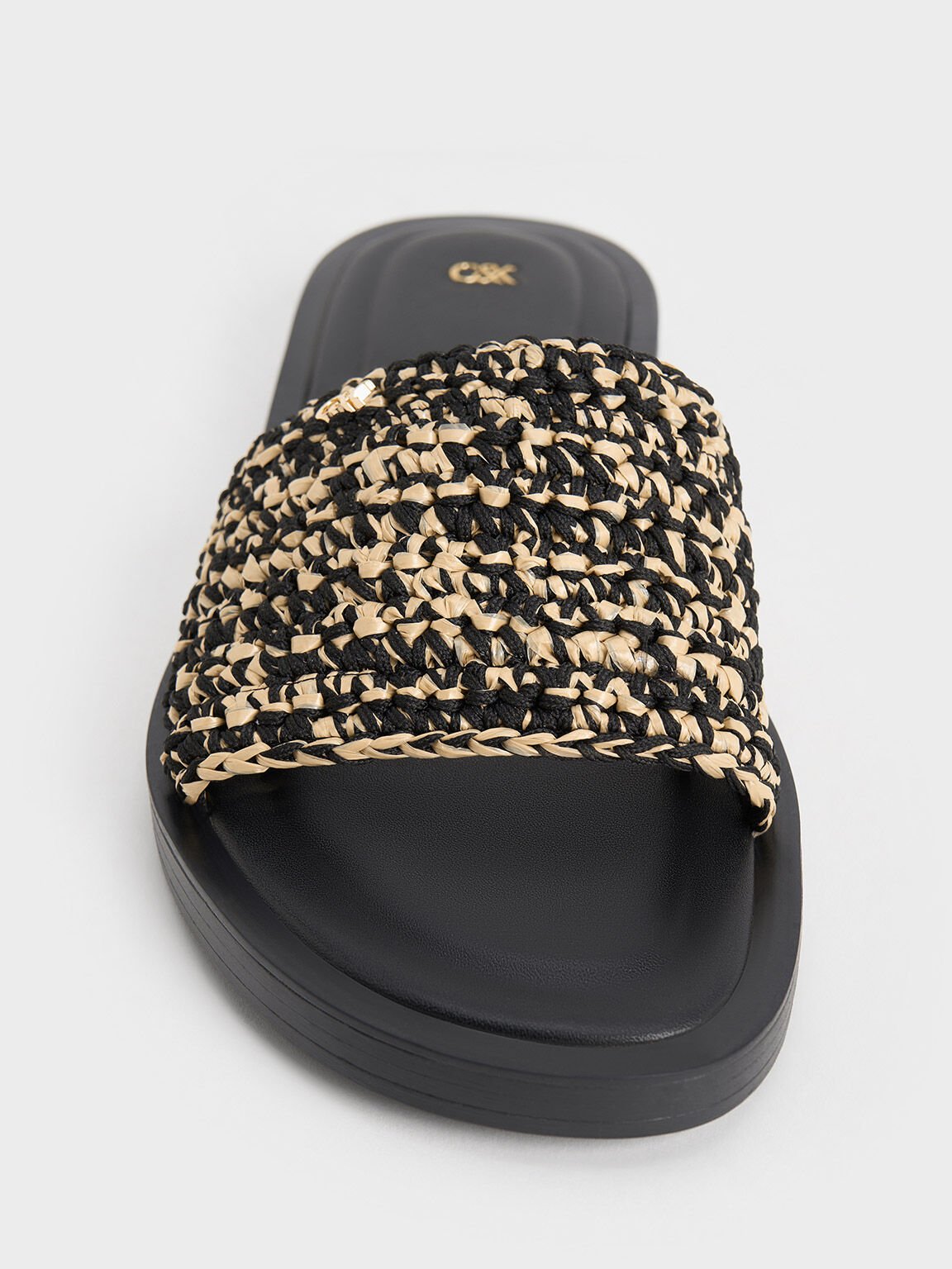 Woven Two-Tone Slide Sandals, Black Textured, hi-res