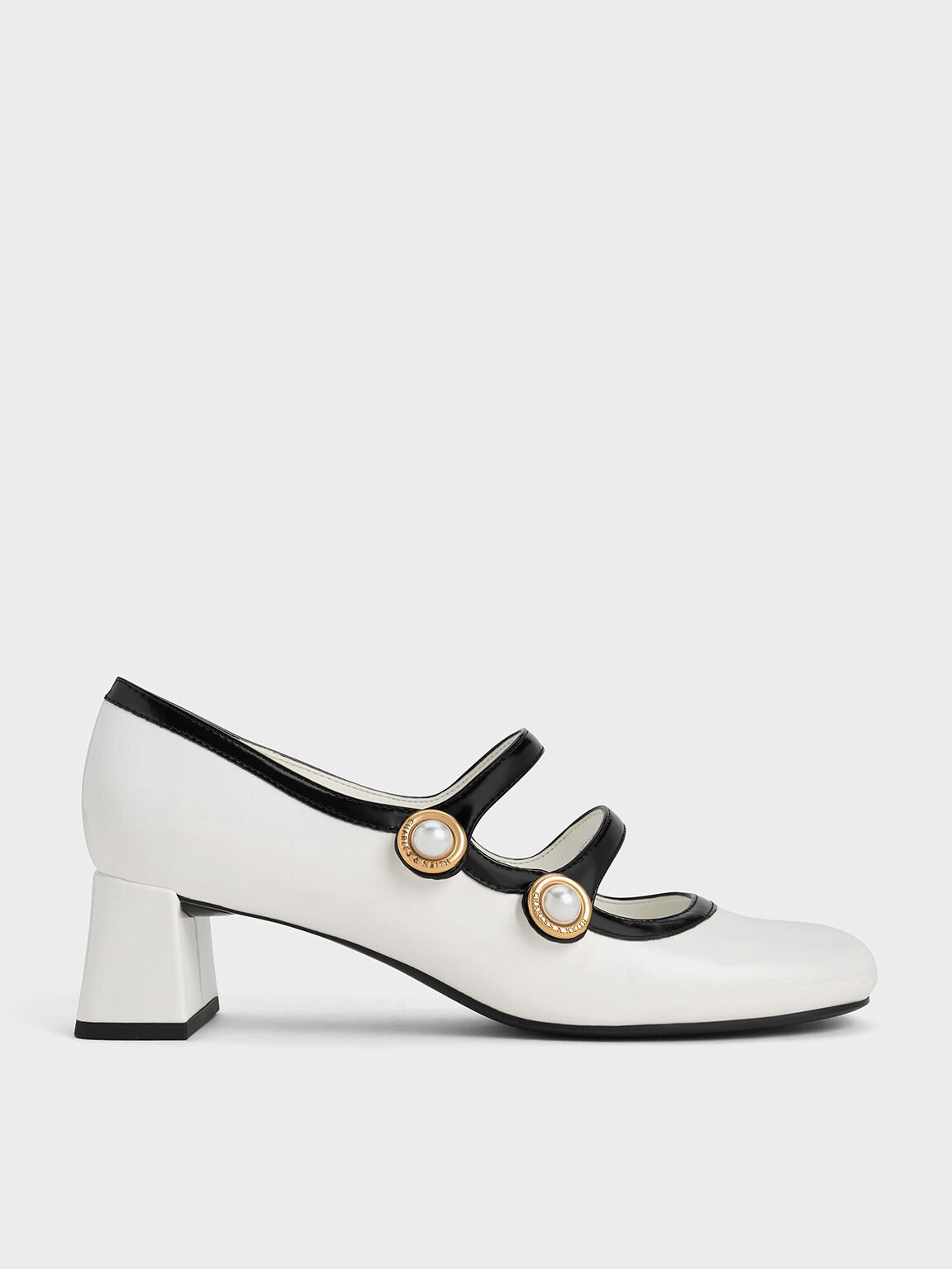 Pearl-Buckle Two-Tone Mary Jane Pumps, White, hi-res