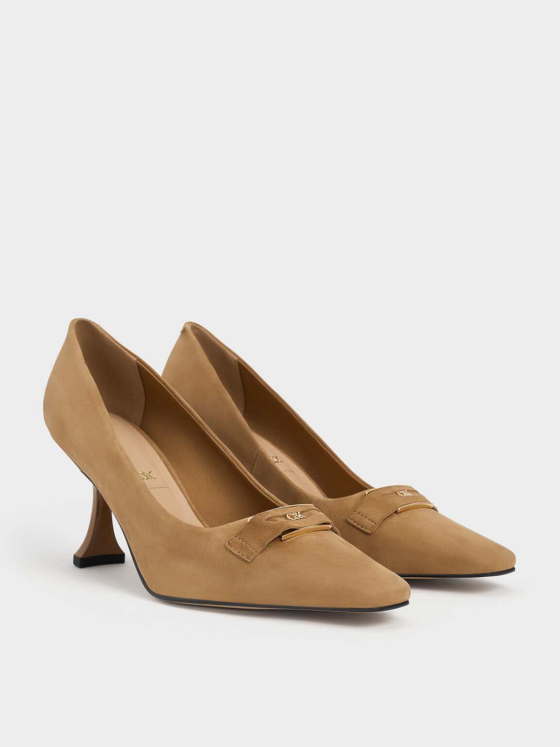 Suede Sculptural-Heel Square-Toe Pumps, Caramel, hi-res