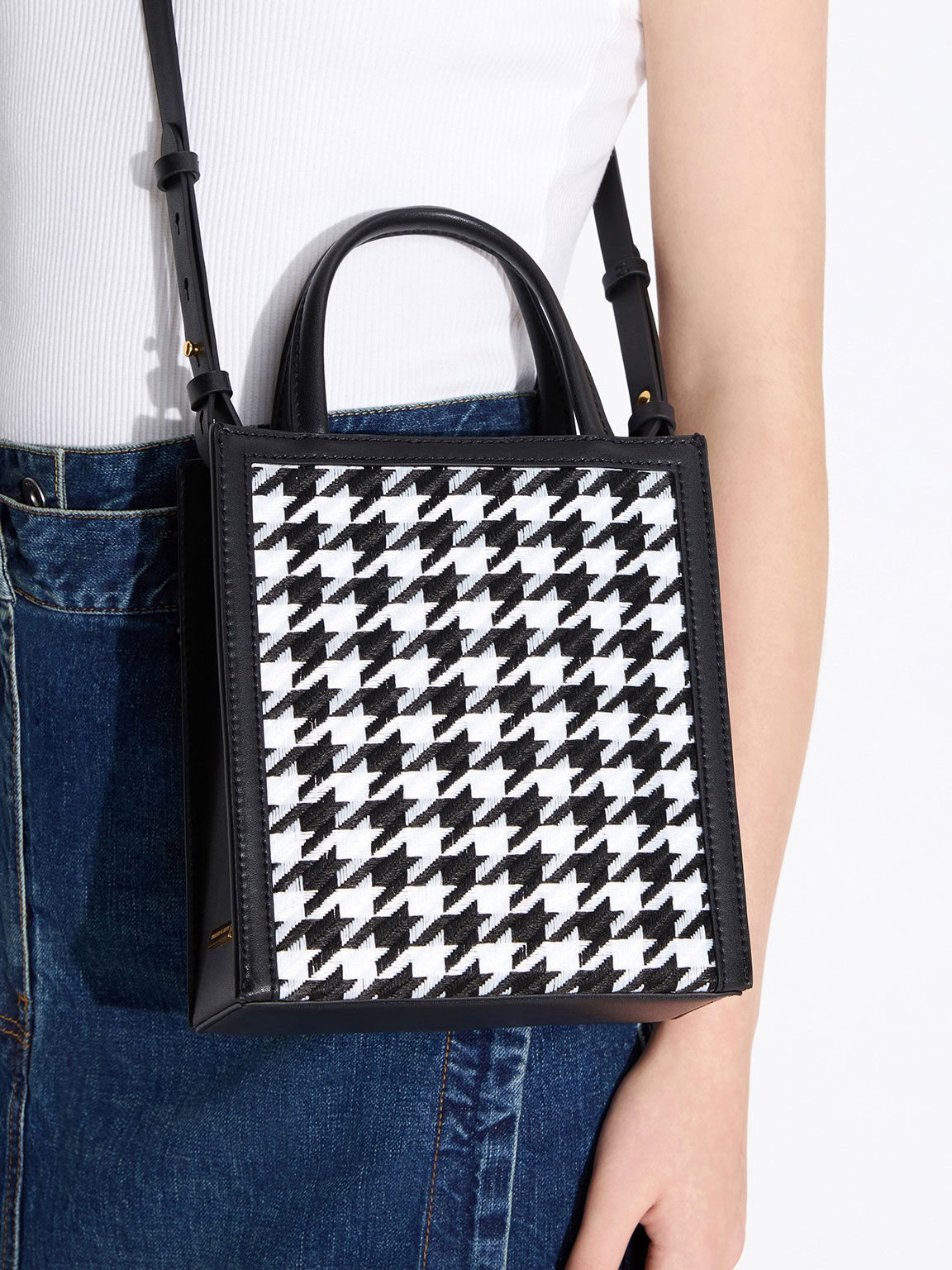 Houndstooth Double Handle Tote Bag, Black, hi-res