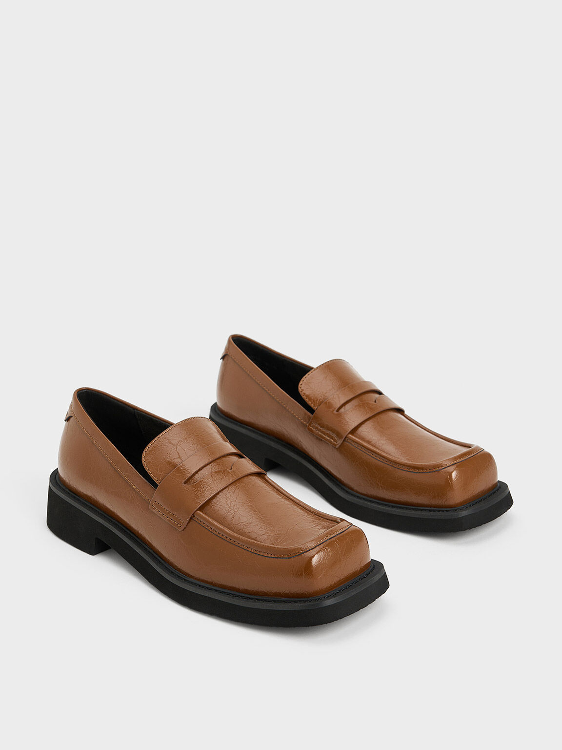 Monique Crinkle-Effect Square-Toe Loafers - Brown