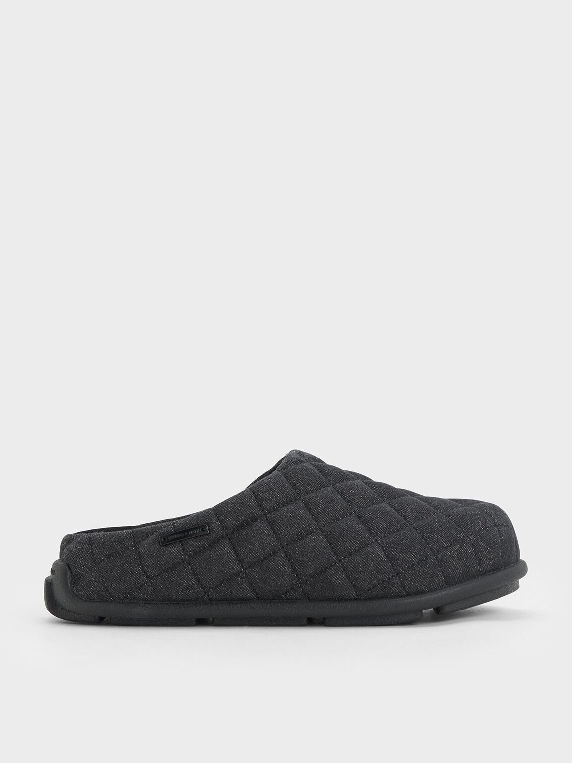 Quilted Flatform Mules, Black Textured, hi-res