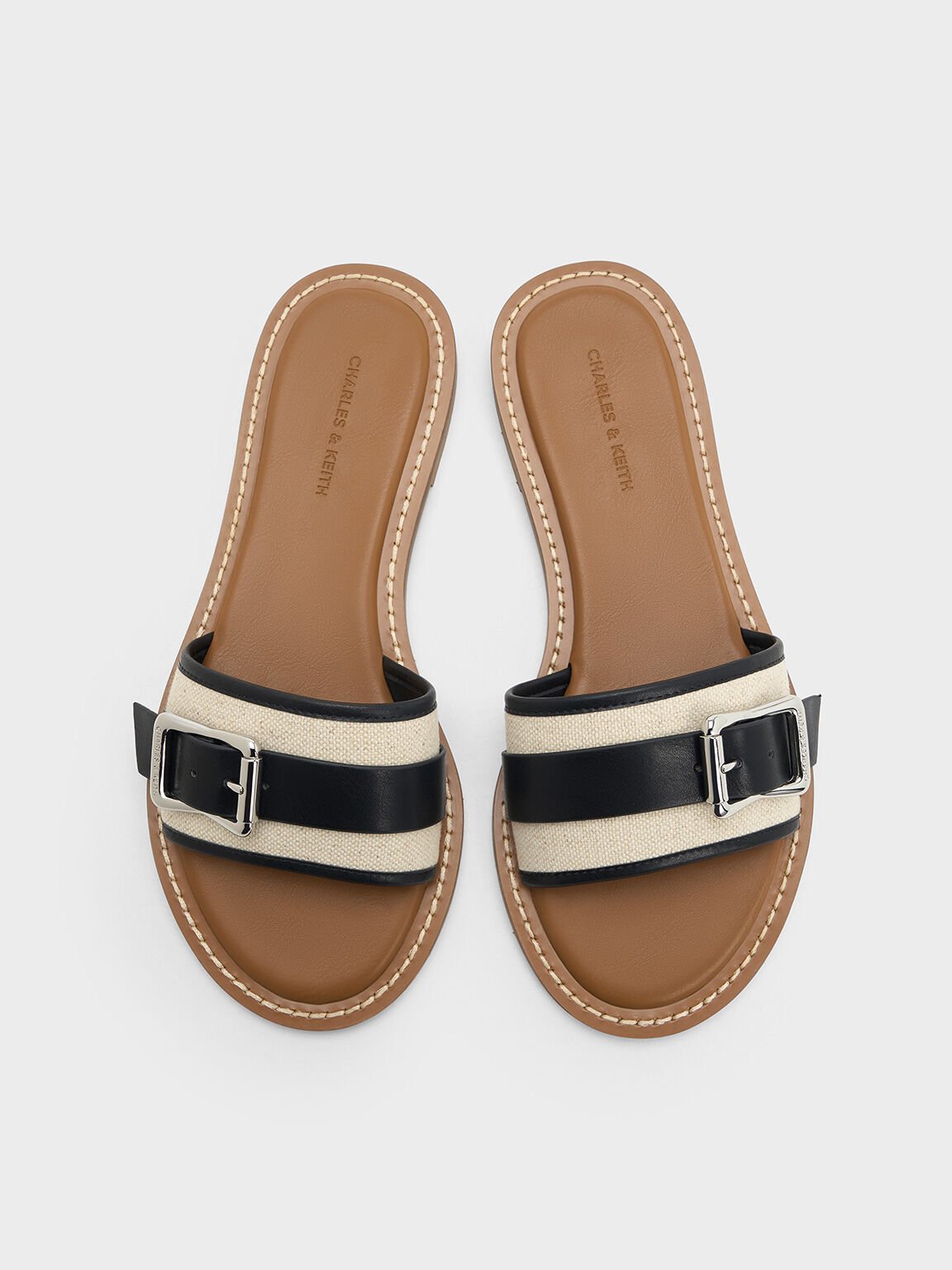 Linen Buckled Slide Sandals, Chalk, hi-res