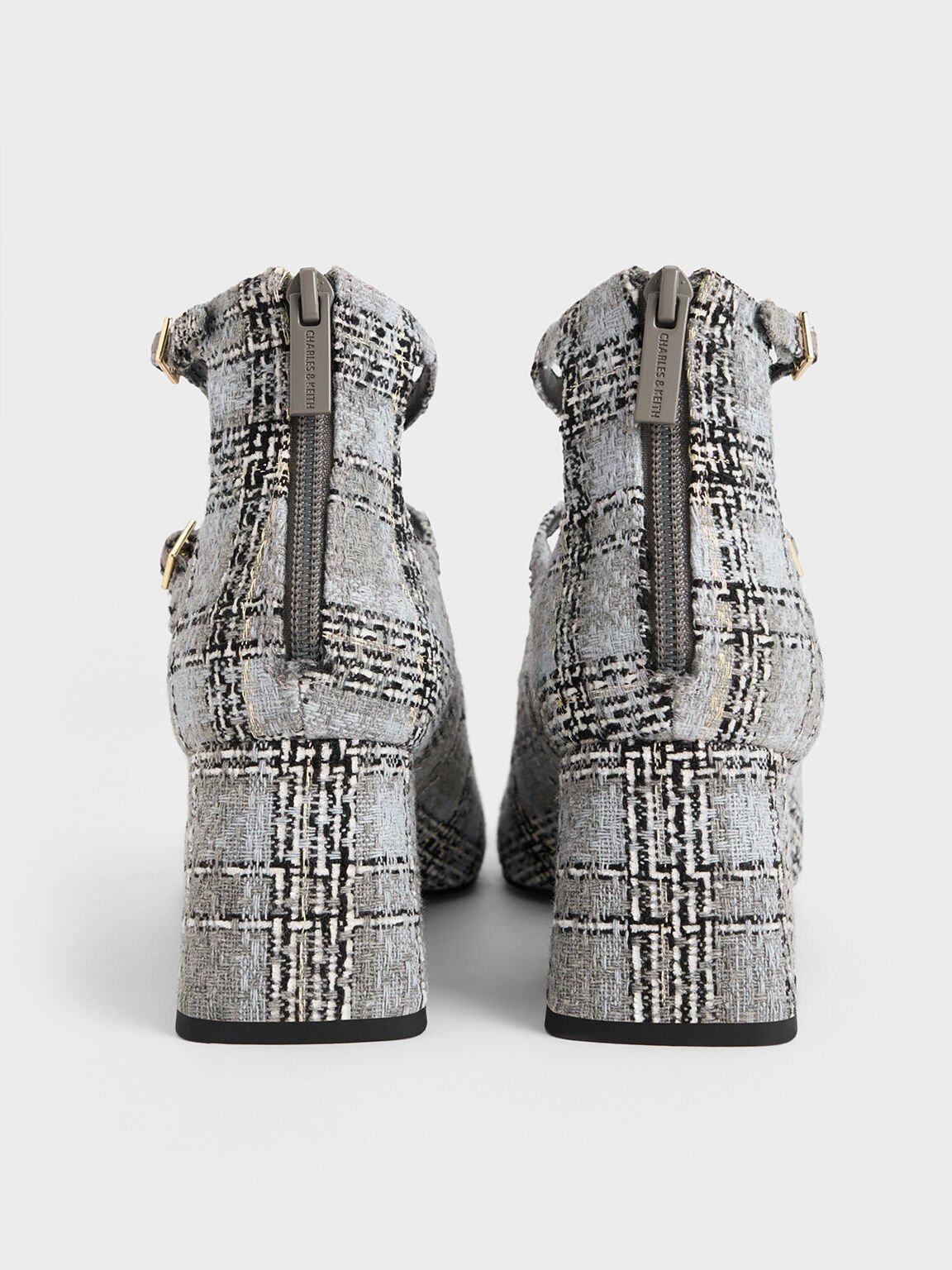 Tweed Triple-Strap Cap-Toe Mary Jane Pumps, Grey, hi-res