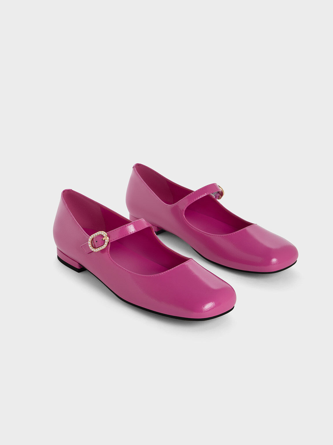 Patent Crinkle-Effect Pearl-Buckle Mary Janes - Fuchsia