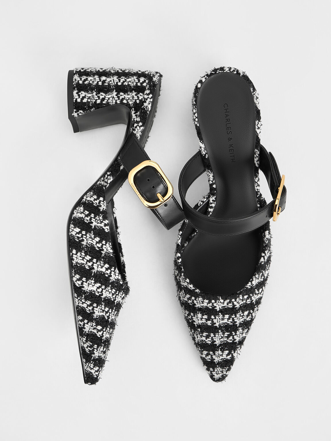 Tweed Pointed-Toe Mary Jane Heeled Mules, Black Textured, hi-res
