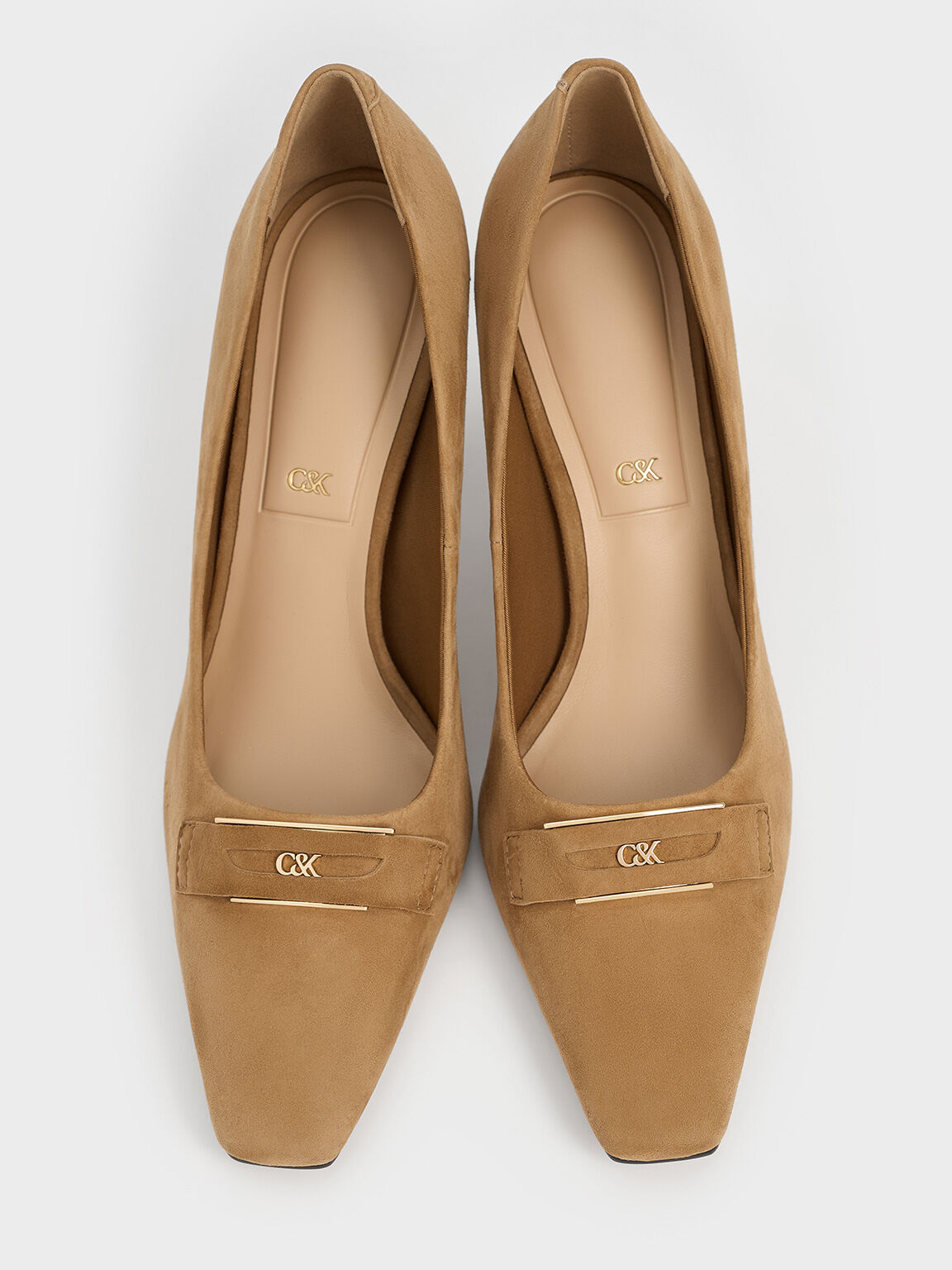 Suede Sculptural-Heel Square-Toe Pumps, Caramel, hi-res