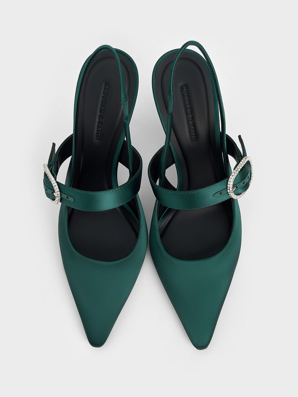 Recycled Polyester Crystal-Buckled Slingback Pumps, Dark Green, hi-res