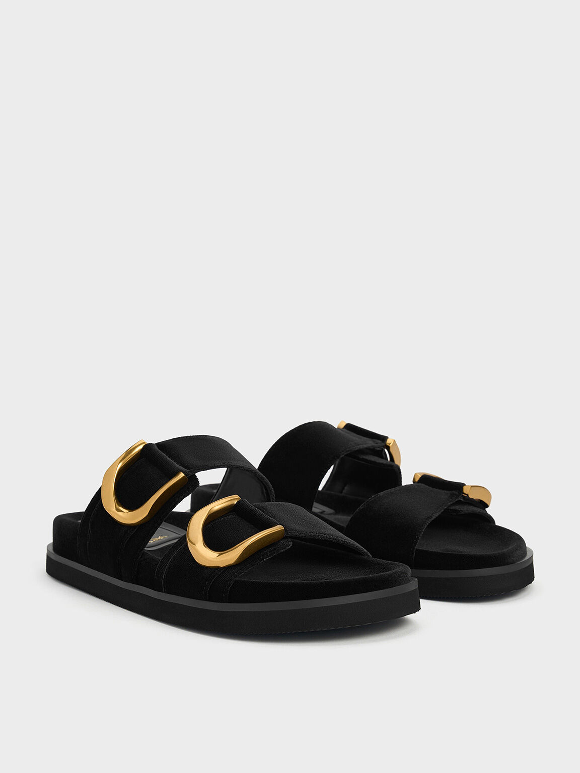 Gabine Velvet Buckle Sandals, Black Textured, hi-res