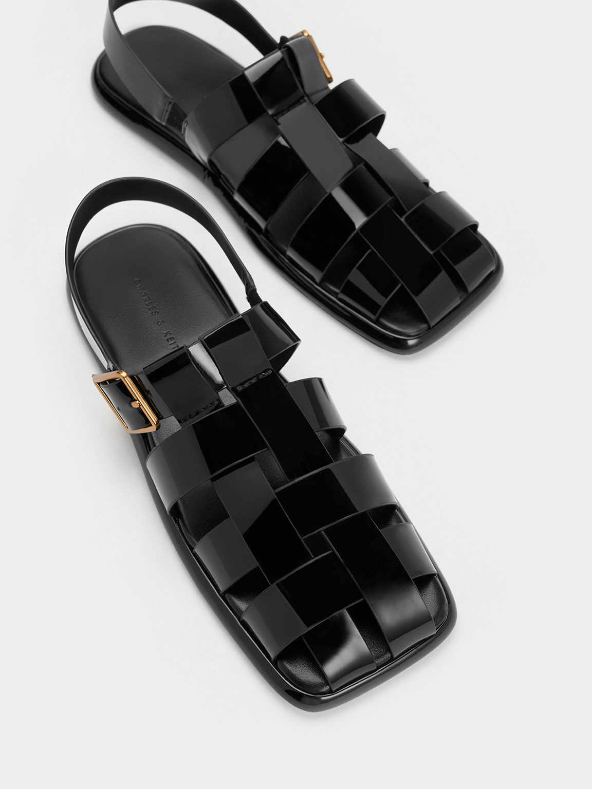 Metallic Buckle Caged Patent Slingback Sandals - Black Patent