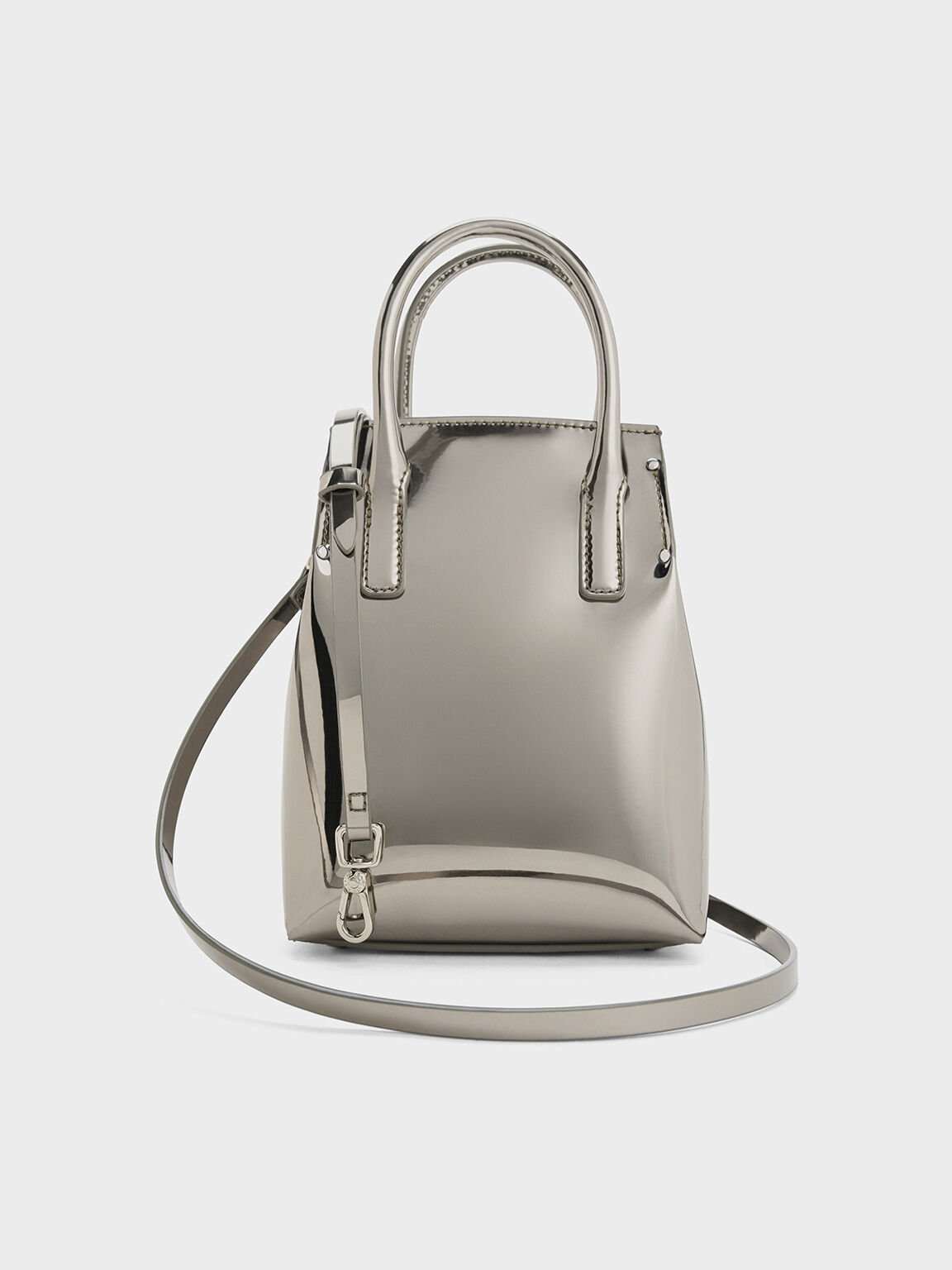 Rene Metallic Elongated Top Handle Bag, Pewter, hi-res