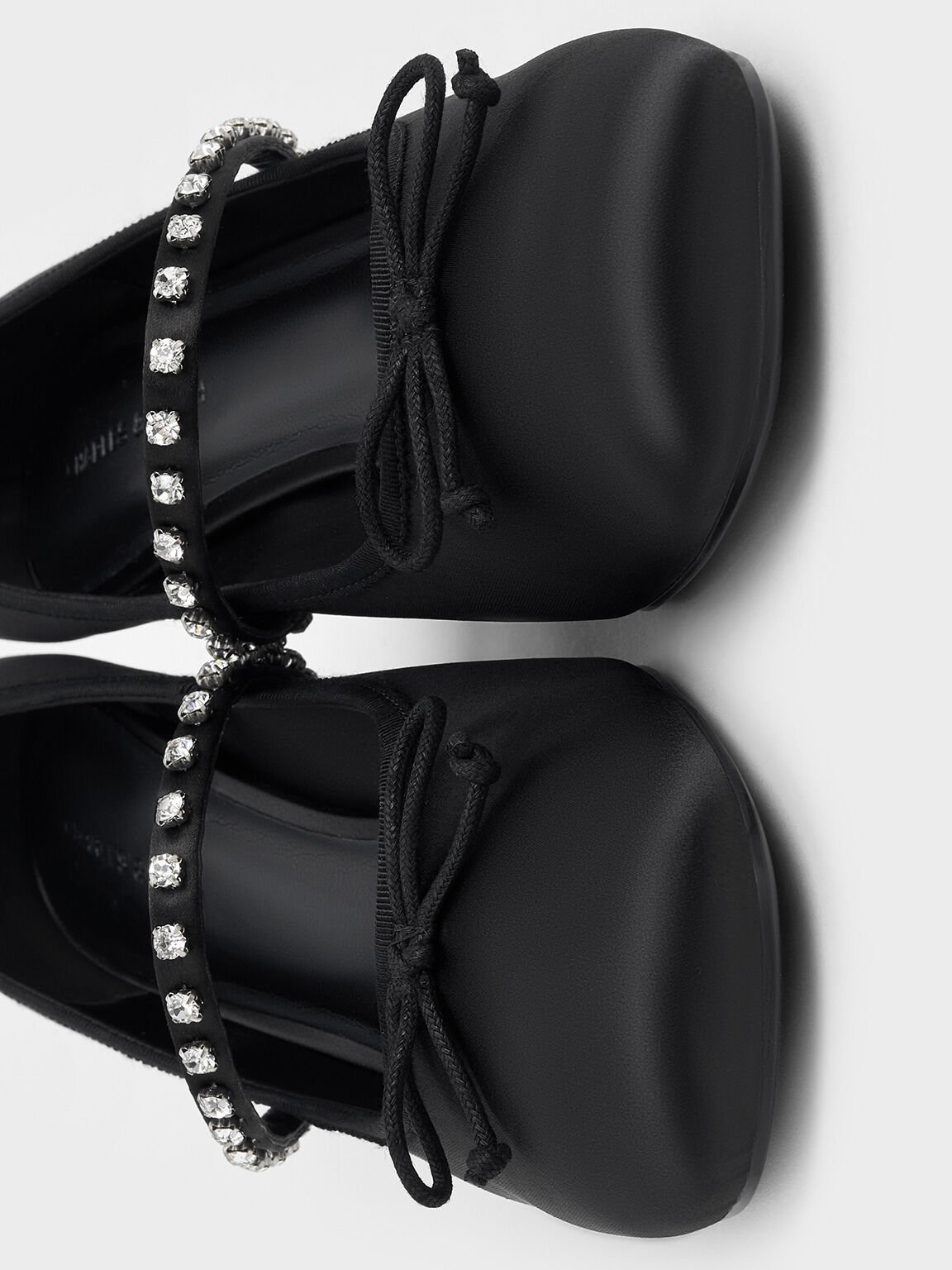 Satin Gem-Embellished Bow Mary Jane Pumps, Black Textured, hi-res