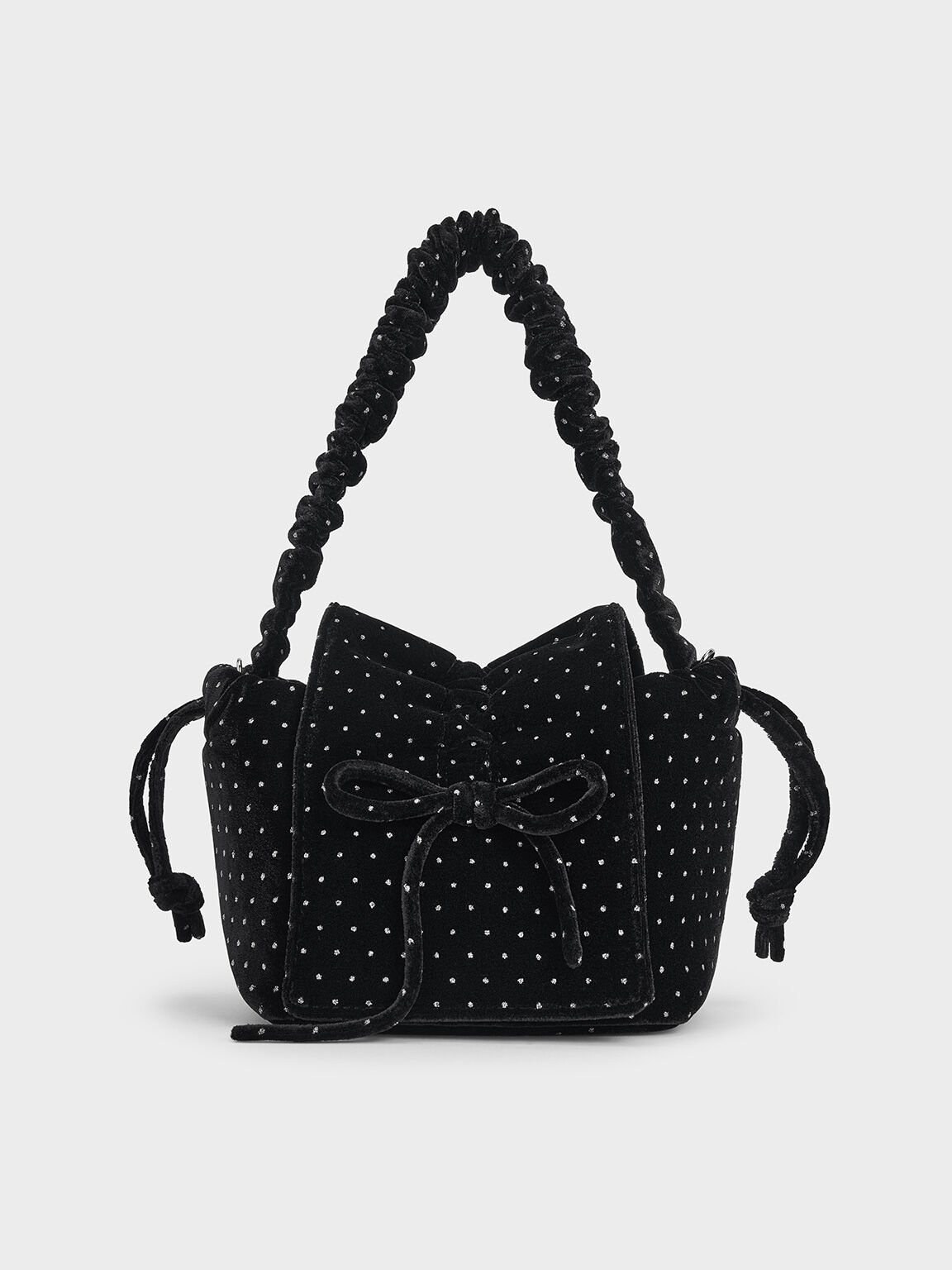 Velvet Dotted Bow Ruched Top Handle Bag, Black Textured, hi-res