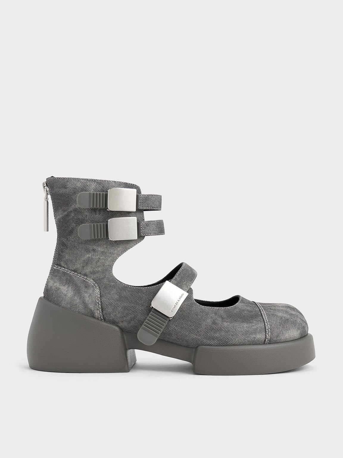 Robbie Denim-Effect Ankle-Strap Mary Jane Boots, Dark Grey, hi-res