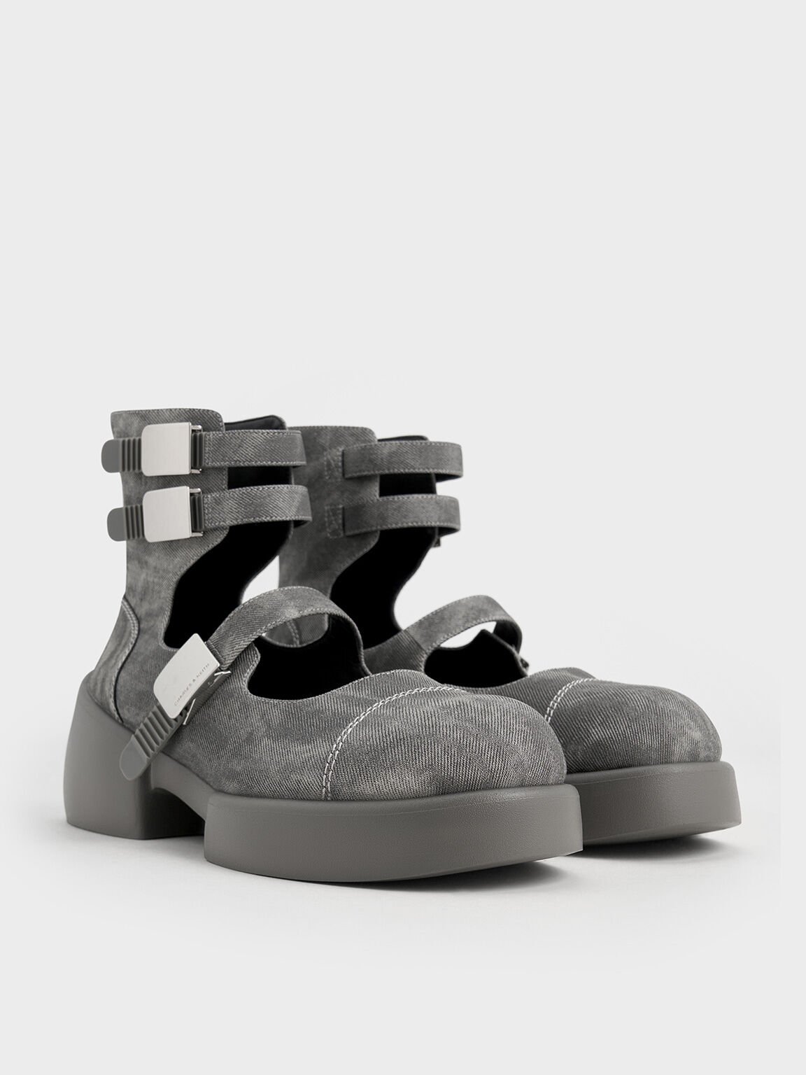 Robbie Denim-Effect Ankle-Strap Mary Jane Boots, Dark Grey, hi-res