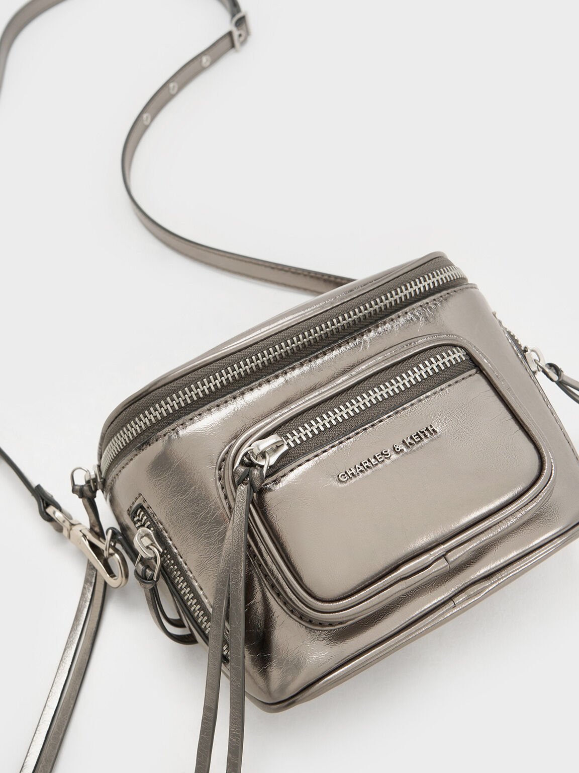 Xylia Metallic Multi-Zip Crossbody Bag, Pewter, hi-res