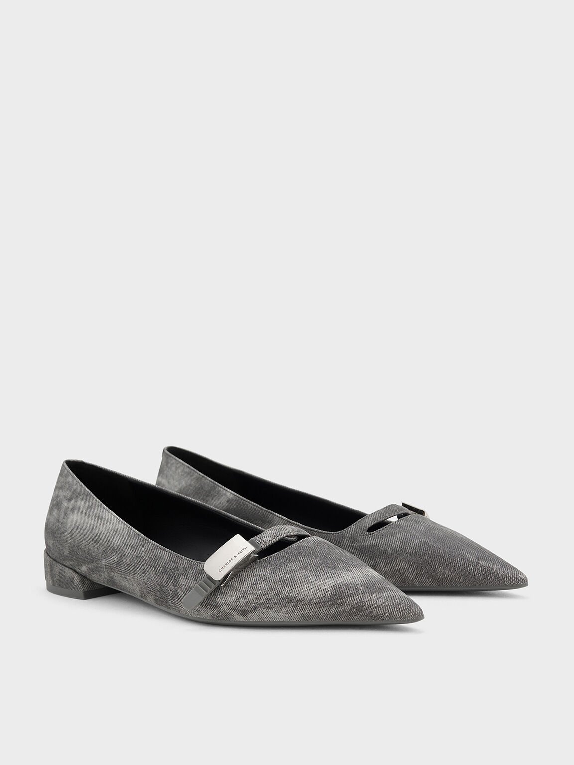 Robbie Denim-Effect Pointed-Toe Ballet Flats, Dark Grey, hi-res