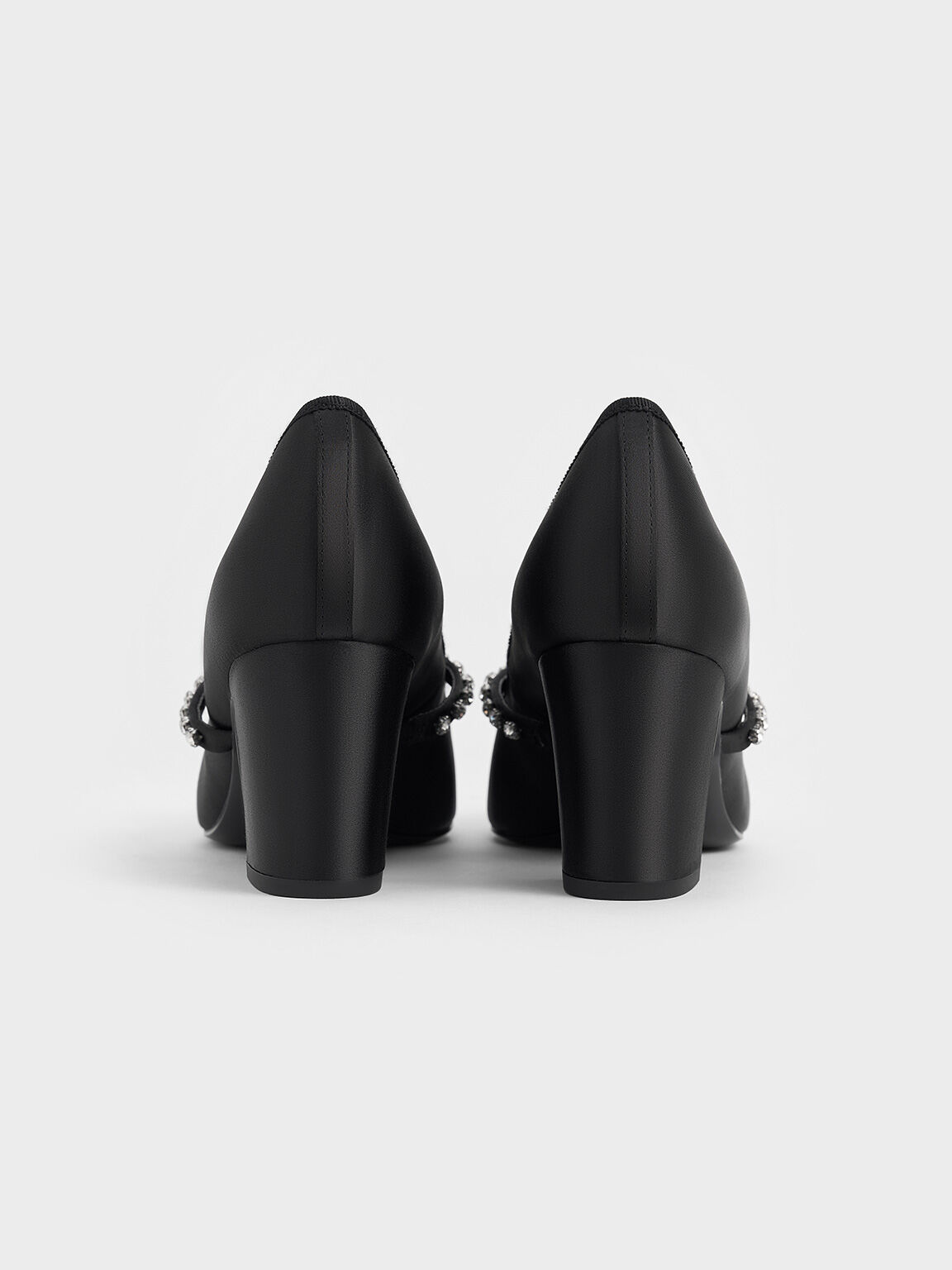 Satin Gem-Embellished Bow Mary Jane Pumps, Black Textured, hi-res